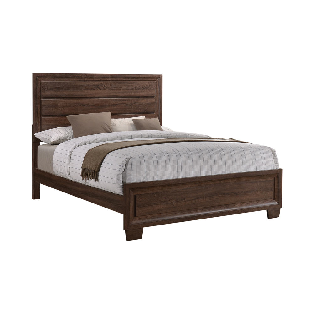 Wooden Queen Size Bed With Panel Headboard And Tapered Feet, Brown- Saltoro Sherpi