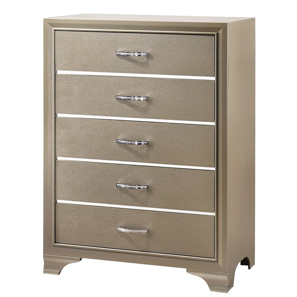 Five Drawer Wooden Chest With Polished Metallic Pulls, Champagne Gold- Saltoro Sherpi