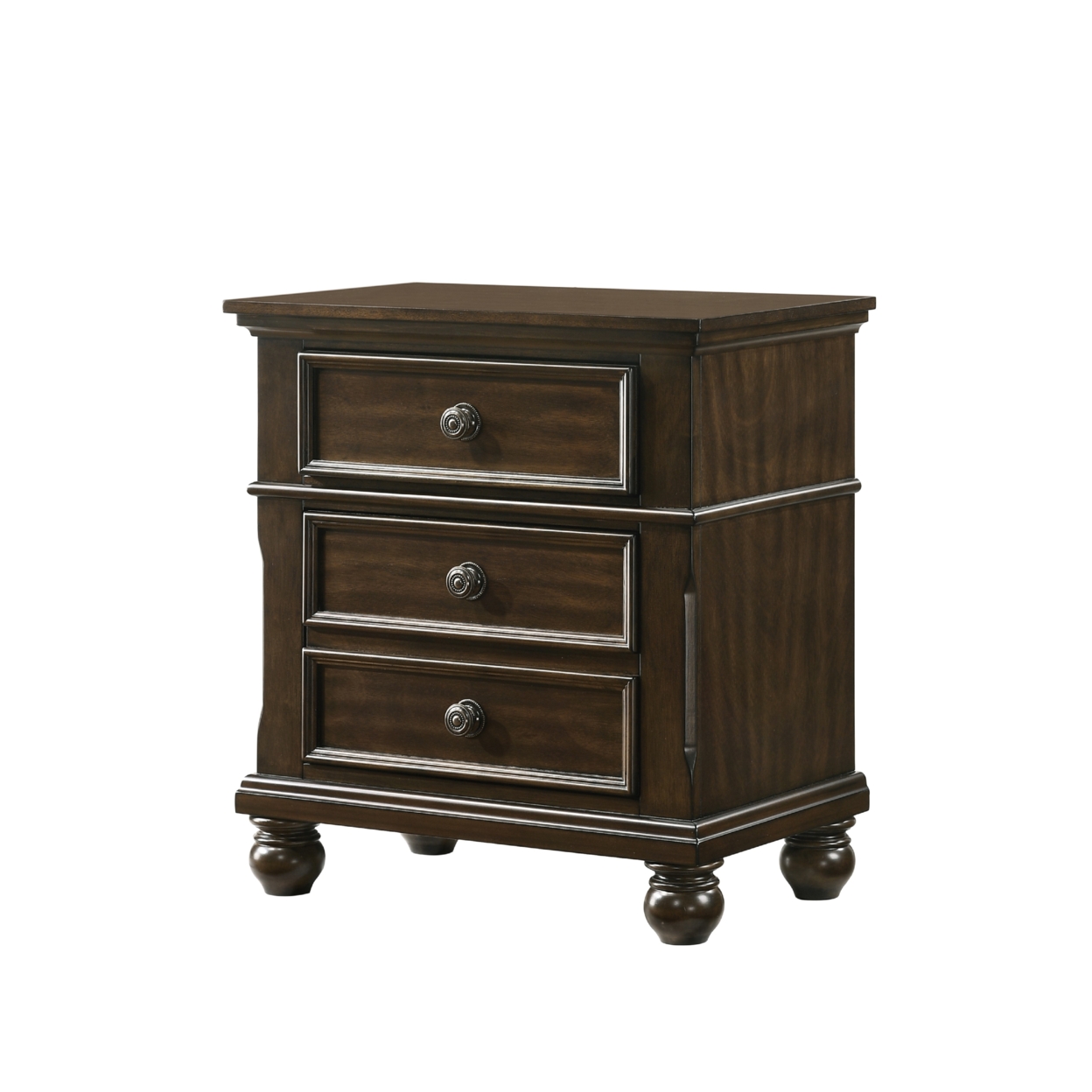 3 Drawer Wooden Nightstand With Molded Details And Metal Knobs, Brown- Saltoro Sherpi