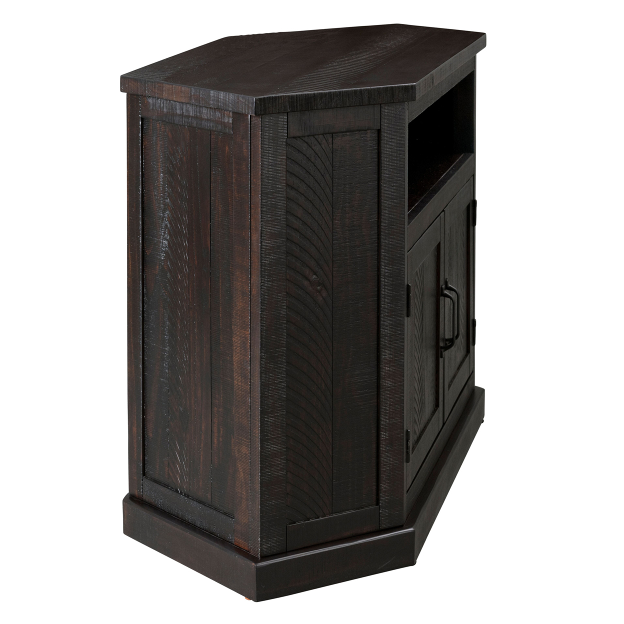 Rustic Wooden Corner TV Stand With 2 Door Cabinet, Espresso Brown- Saltoro Sherpi