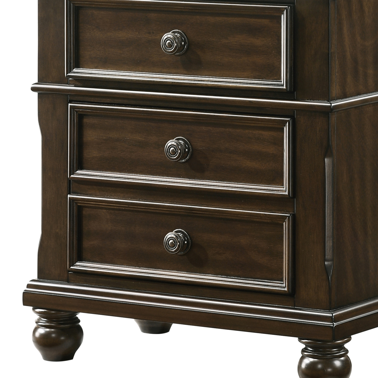 3 Drawer Wooden Nightstand With Molded Details And Metal Knobs, Brown- Saltoro Sherpi