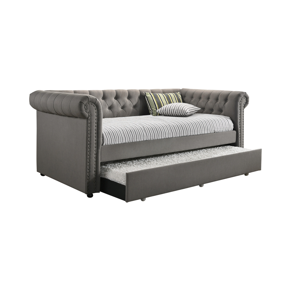 Fabric Upholstered Button Tufted Twin Daybed With Trundle, Gray- Saltoro Sherpi