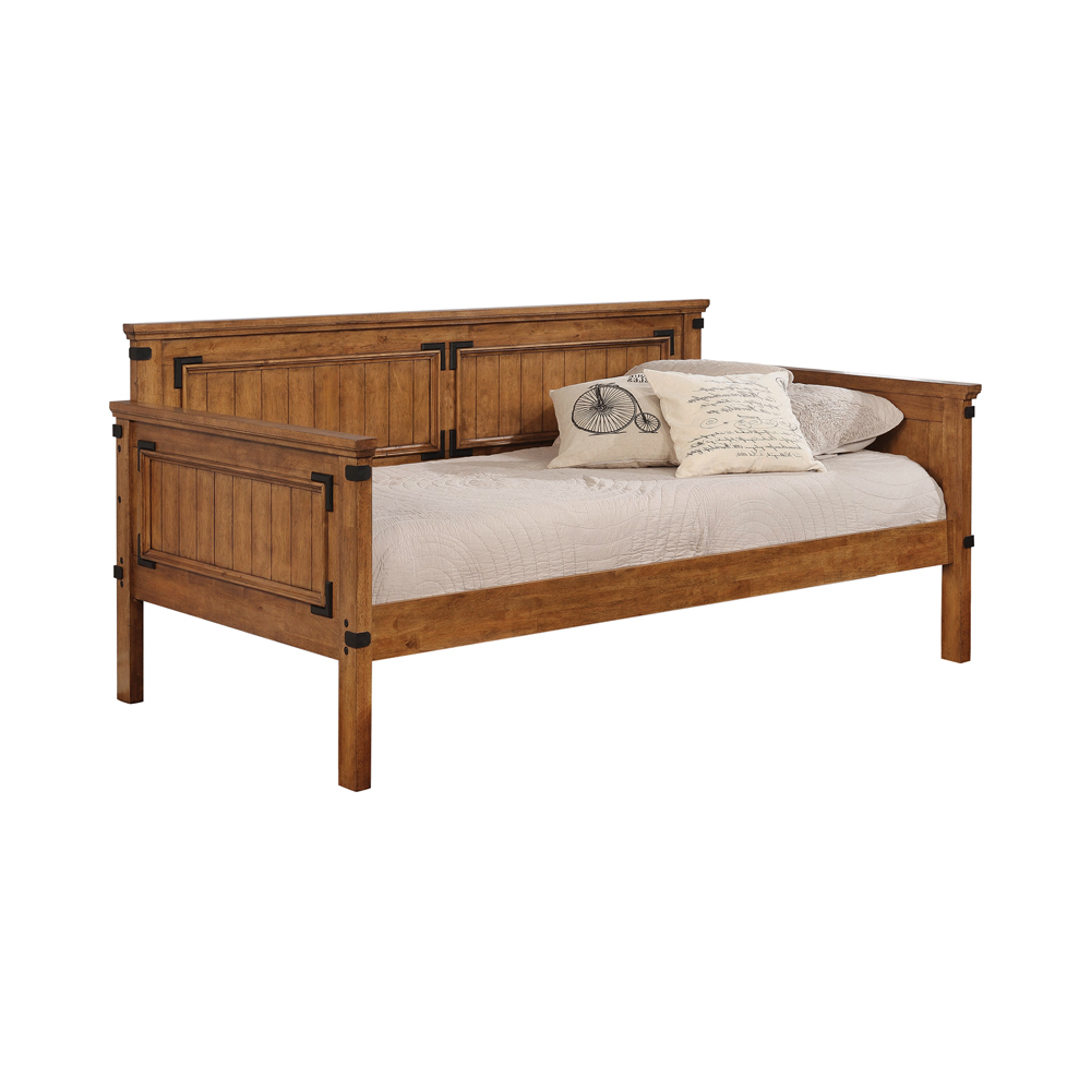 Plank Style Paneled Wooden Twin Size Daybed With Metal Accents, Brown- Saltoro Sherpi