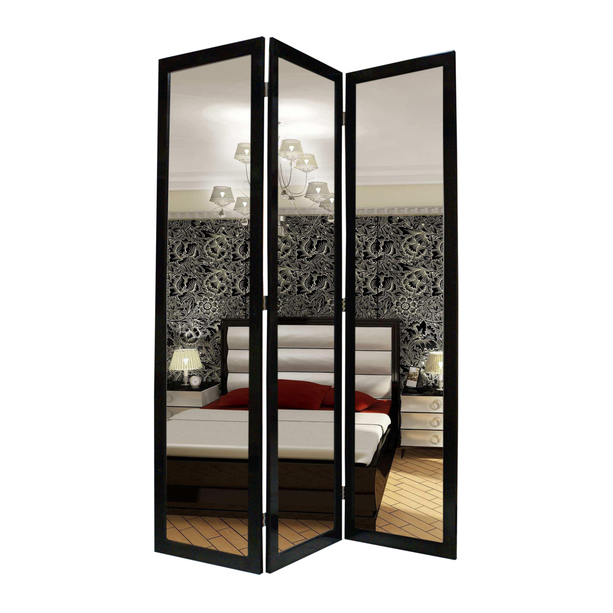 3 Panel Wooden Foldable Mirror Encasing Room Divider, Black And Silver- Saltoro Sherpi
