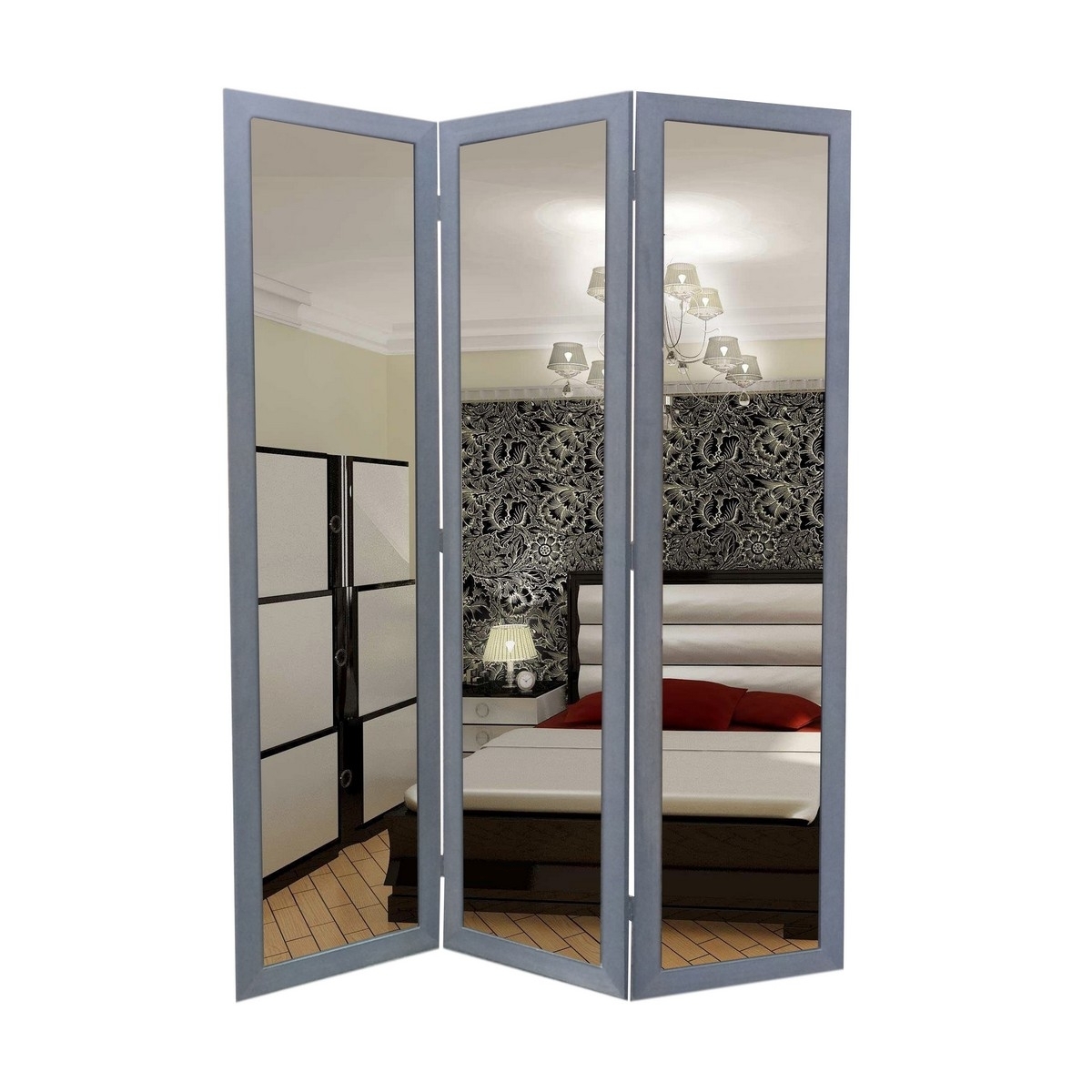 3 Panel Wooden Foldable Mirror Encasing Room Divider,Light Gray And Silver- Saltoro Sherpi