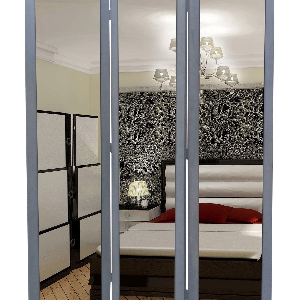 3 Panel Wooden Foldable Mirror Encasing Room Divider,Light Gray And Silver- Saltoro Sherpi
