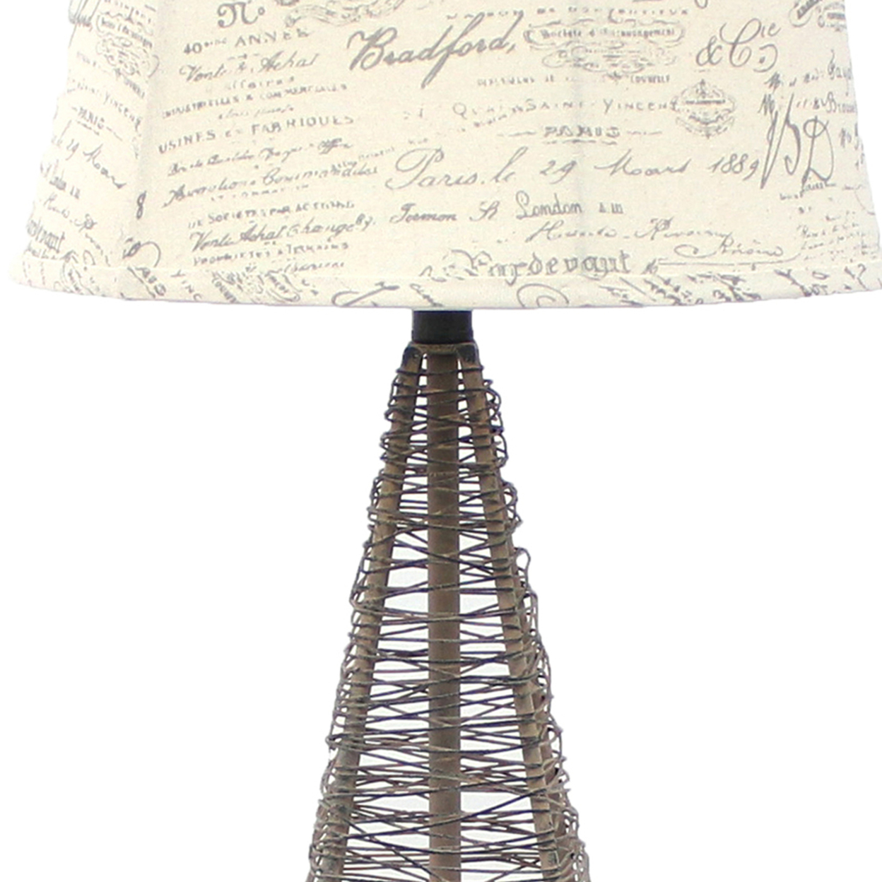 Metal Pyramid Base Table Lamp With Wire Design And Scripted Shade, Gray- Saltoro Sherpi