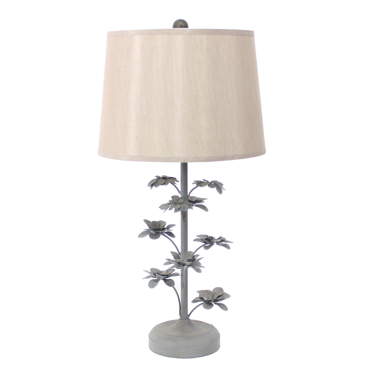 Flower Tree Design Metal Table Lamp With Tapered Drum Shade, Gray And Beige- Saltoro Sherpi