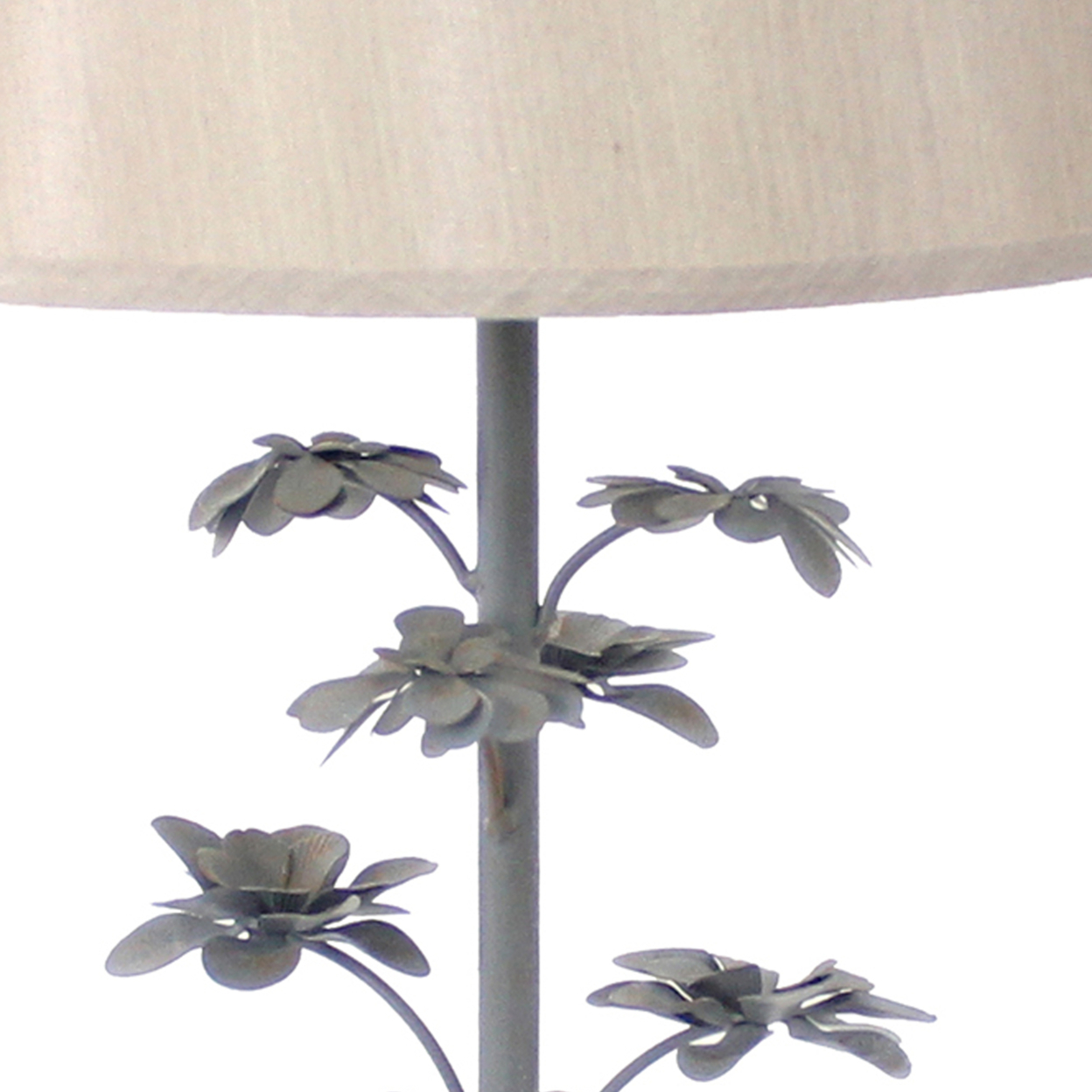 Flower Tree Design Metal Table Lamp With Tapered Drum Shade, Gray And Beige- Saltoro Sherpi