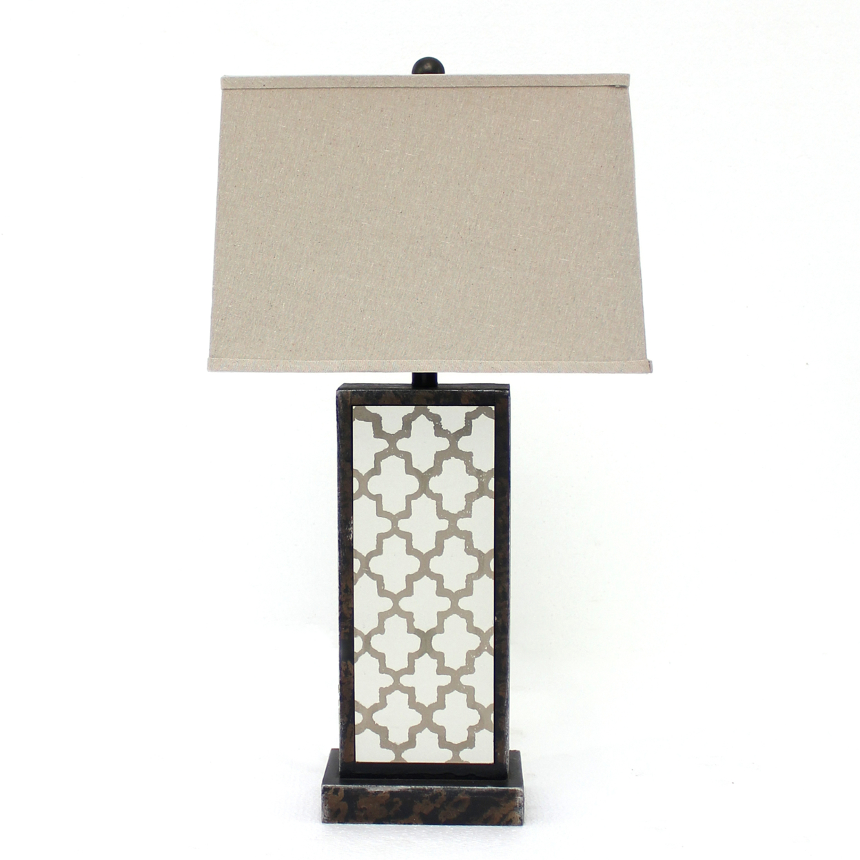 Rock Base Table Lamp With Drum Shade And Quatrefoil Pattern,Brown- Saltoro Sherpi