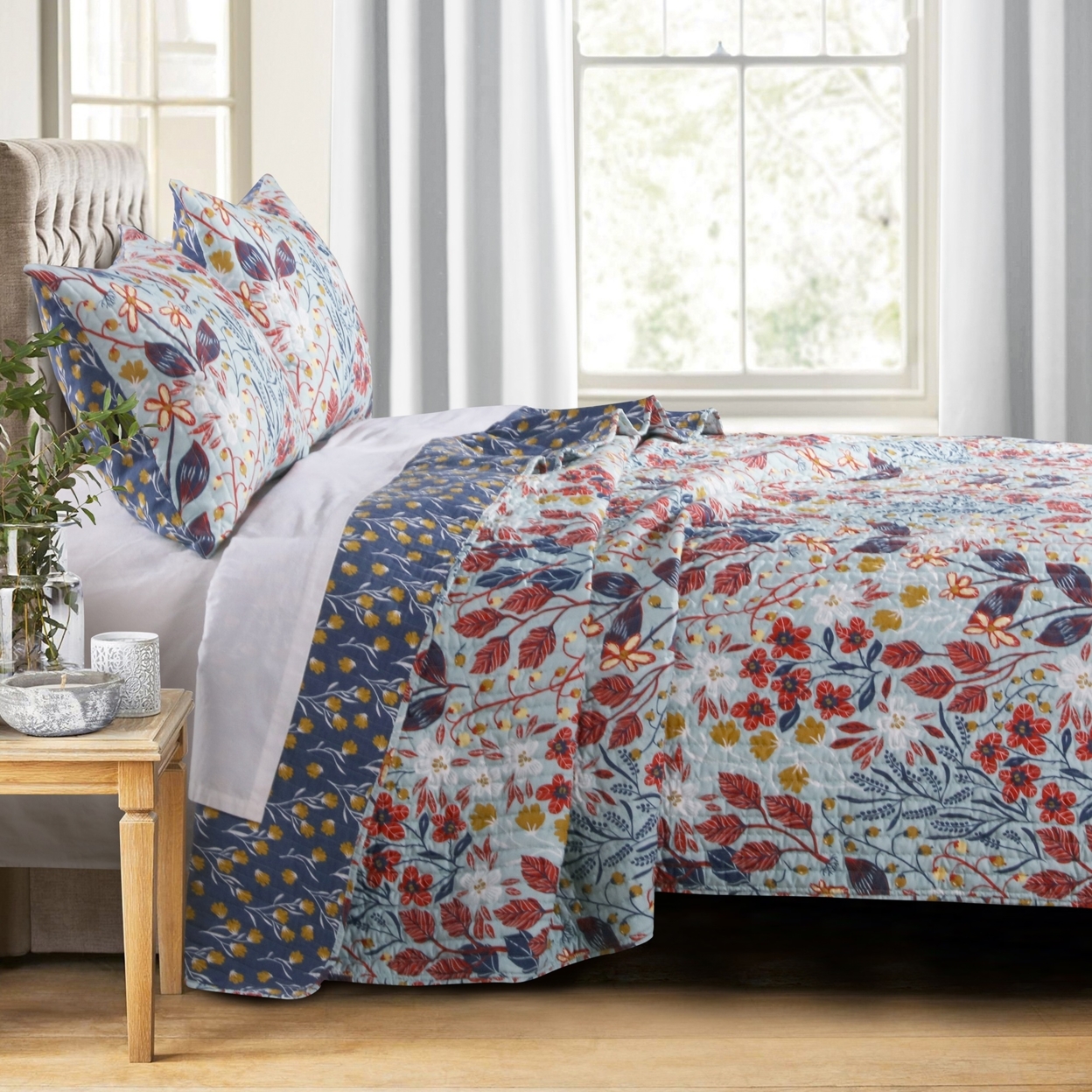 King Size 3 Piece Polyester Quilt Set With Floral Prints, Multicolor- Saltoro Sherpi