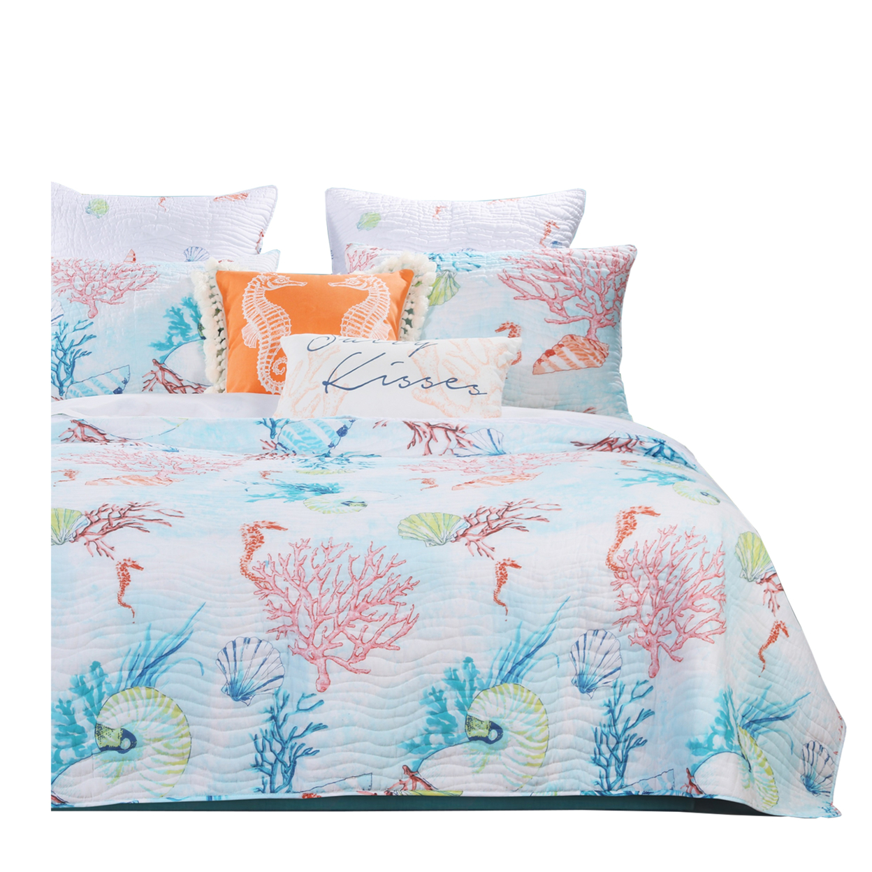 Full Size 3 Piece Polyester Quilt Set With Coral Prints, Multicolor- Saltoro Sherpi