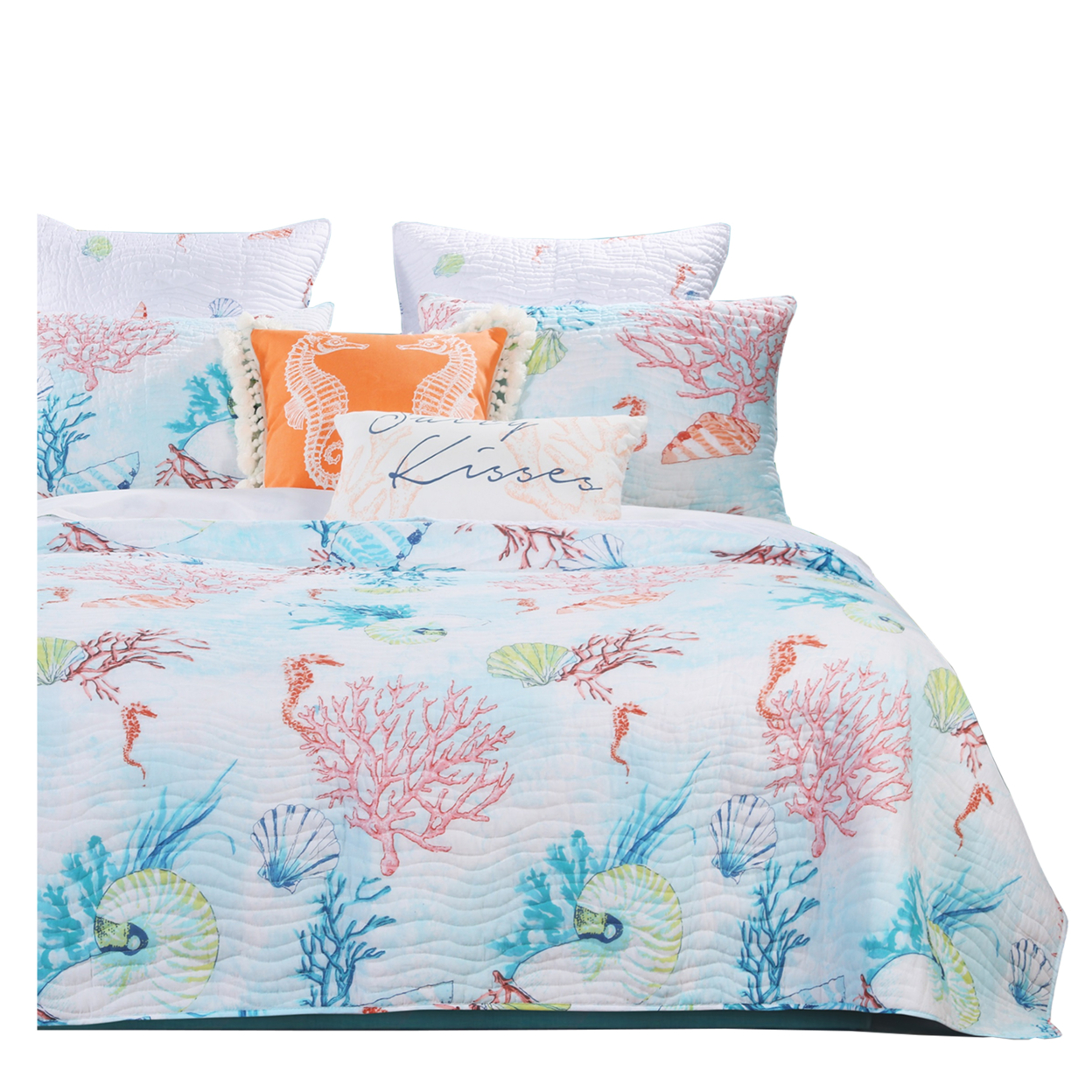 King Size 3 Piece Polyester Quilt Set With Coral Prints, Multicolor- Saltoro Sherpi