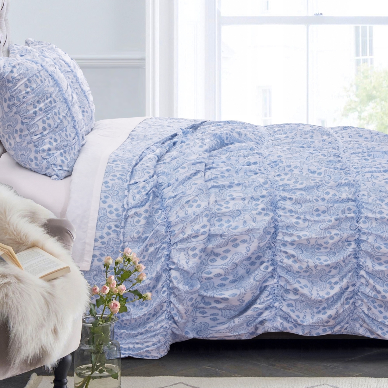 Fabric King Size Quilt Set With Pleated And Ruffled Details, Blue- Saltoro Sherpi