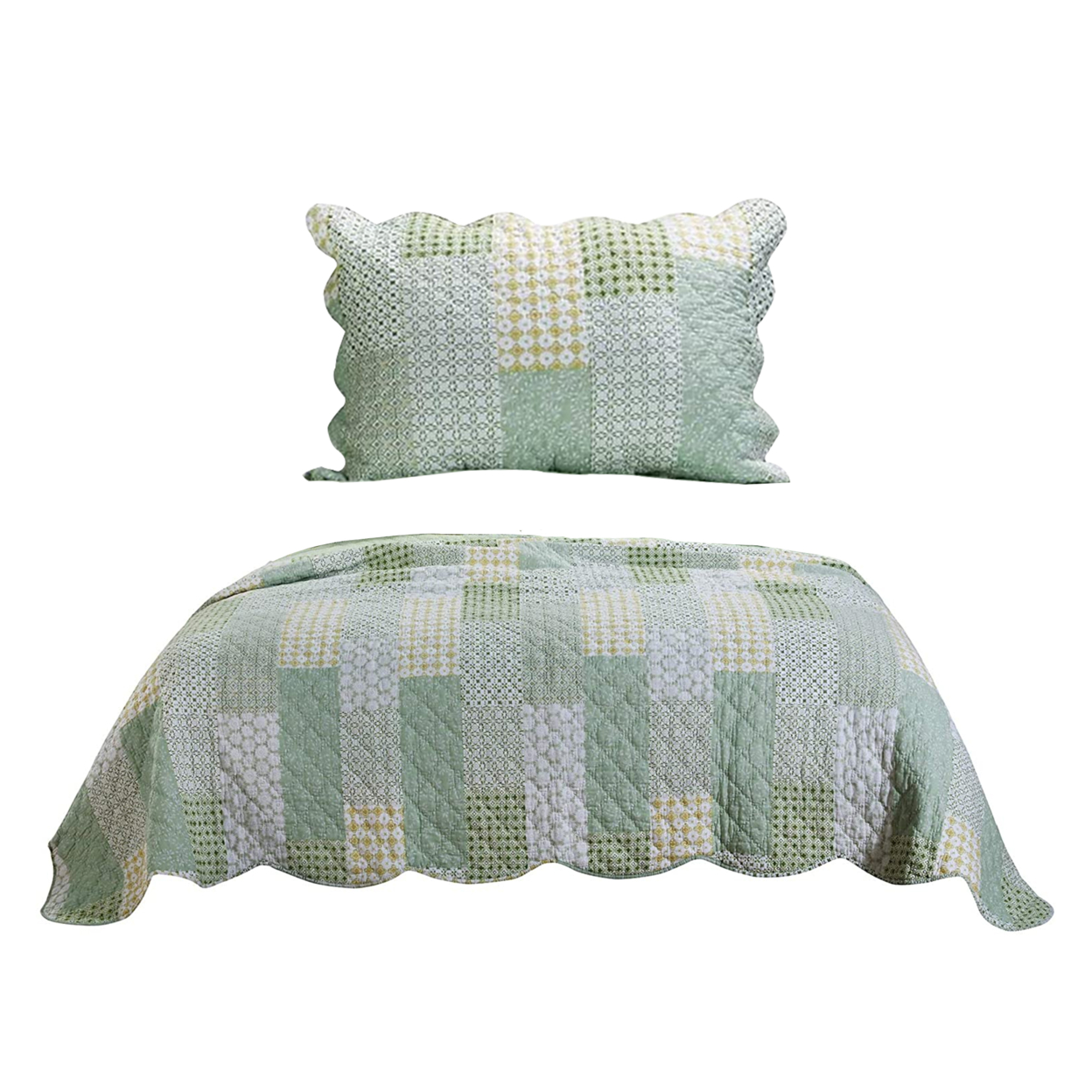 Reversible Fabric Twin Size Quilt Set With Geometric Pattern Motif, Green- Saltoro Sherpi