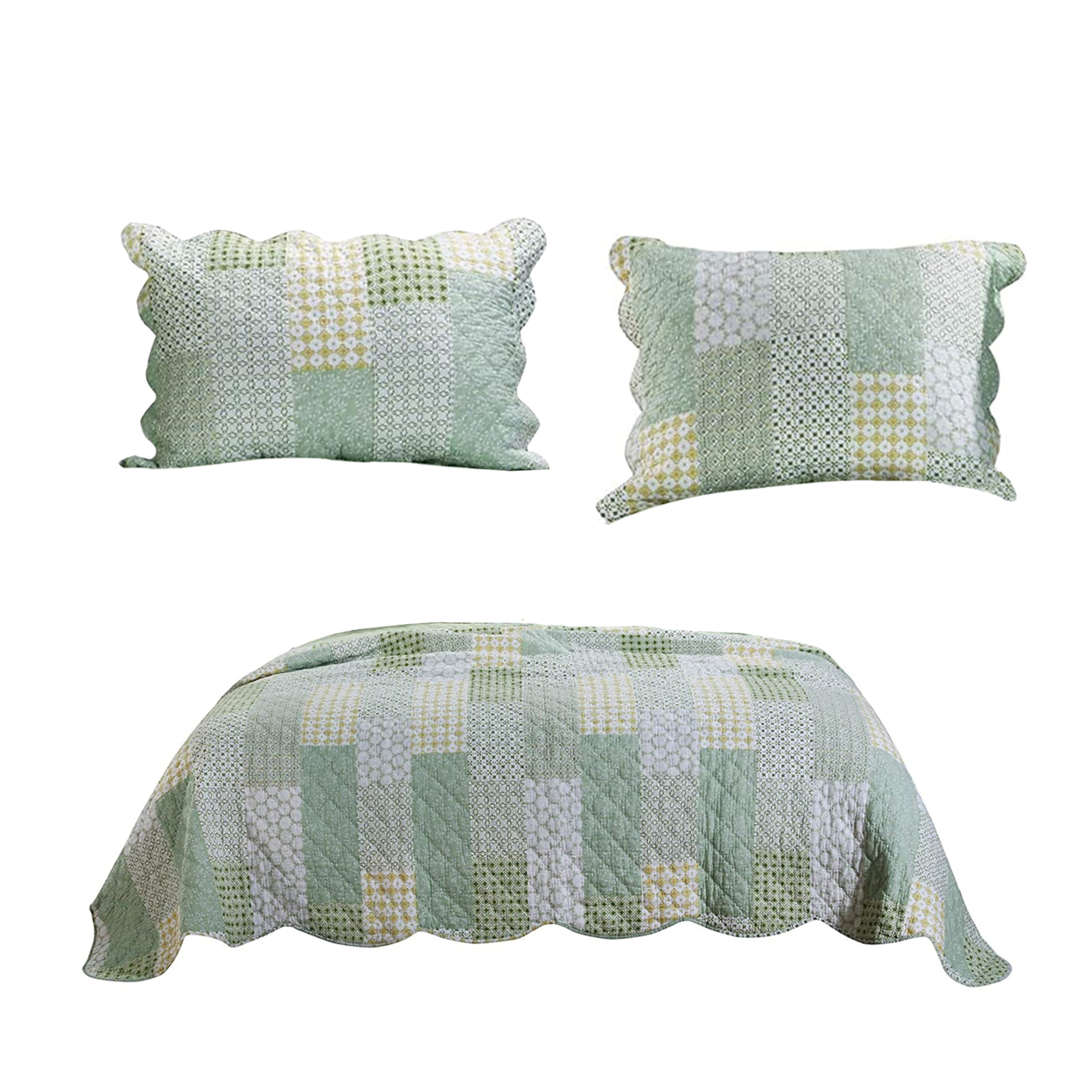 Reversible Fabric Queen Size Quilt Set With Geometric Pattern Motifs,Green- Saltoro Sherpi
