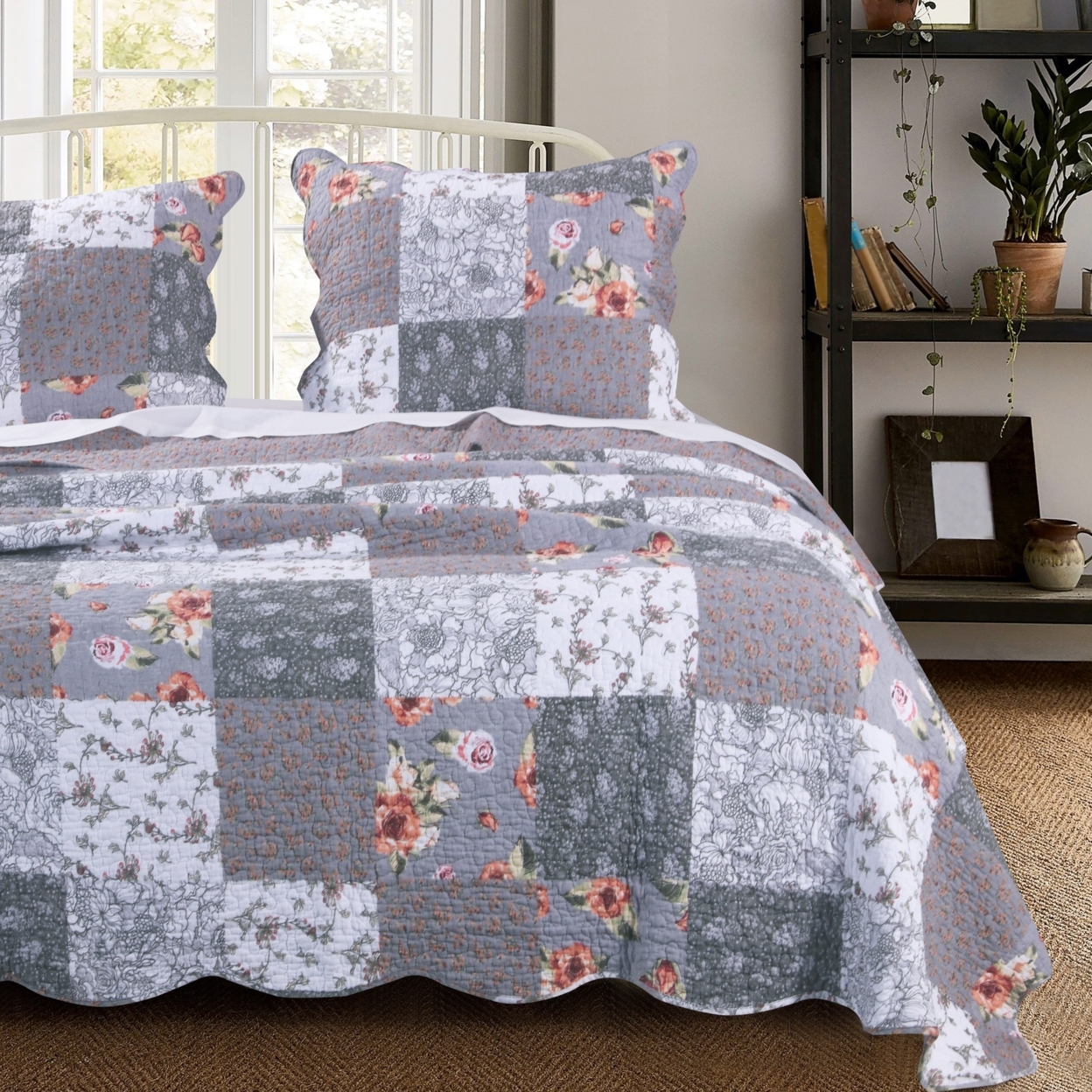 Microfiber Quilt And 1 Pillow Sham Set With Floral Prints, Multicolor- Saltoro Sherpi