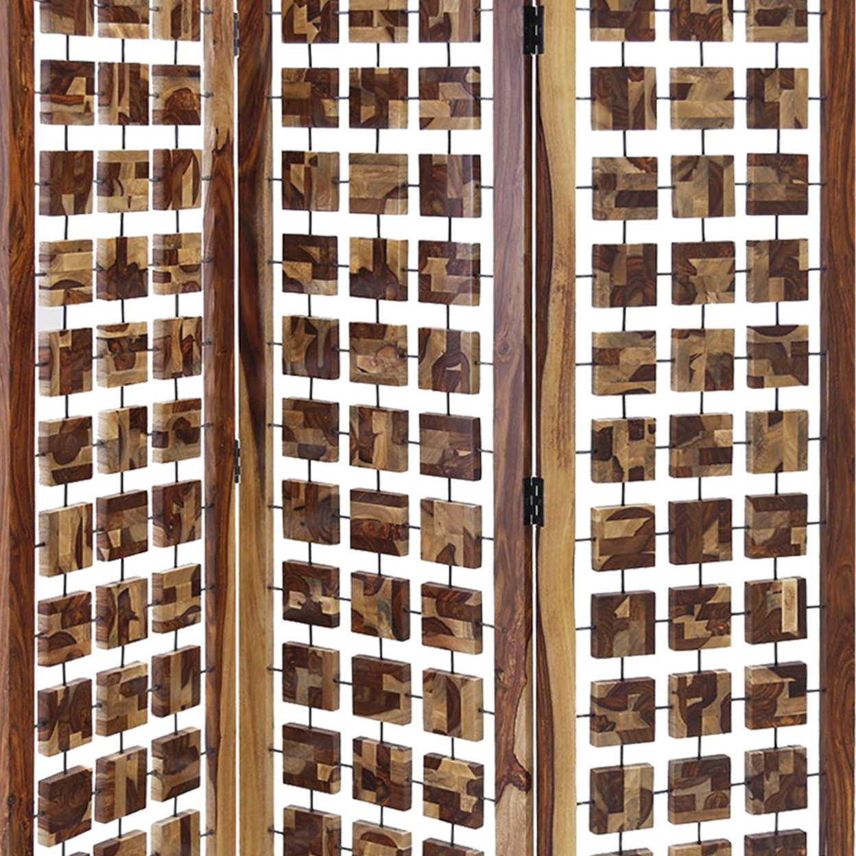 Wooden 3 Panel Room Divider With Interconnected Square Blocks, Brown- Saltoro Sherpi