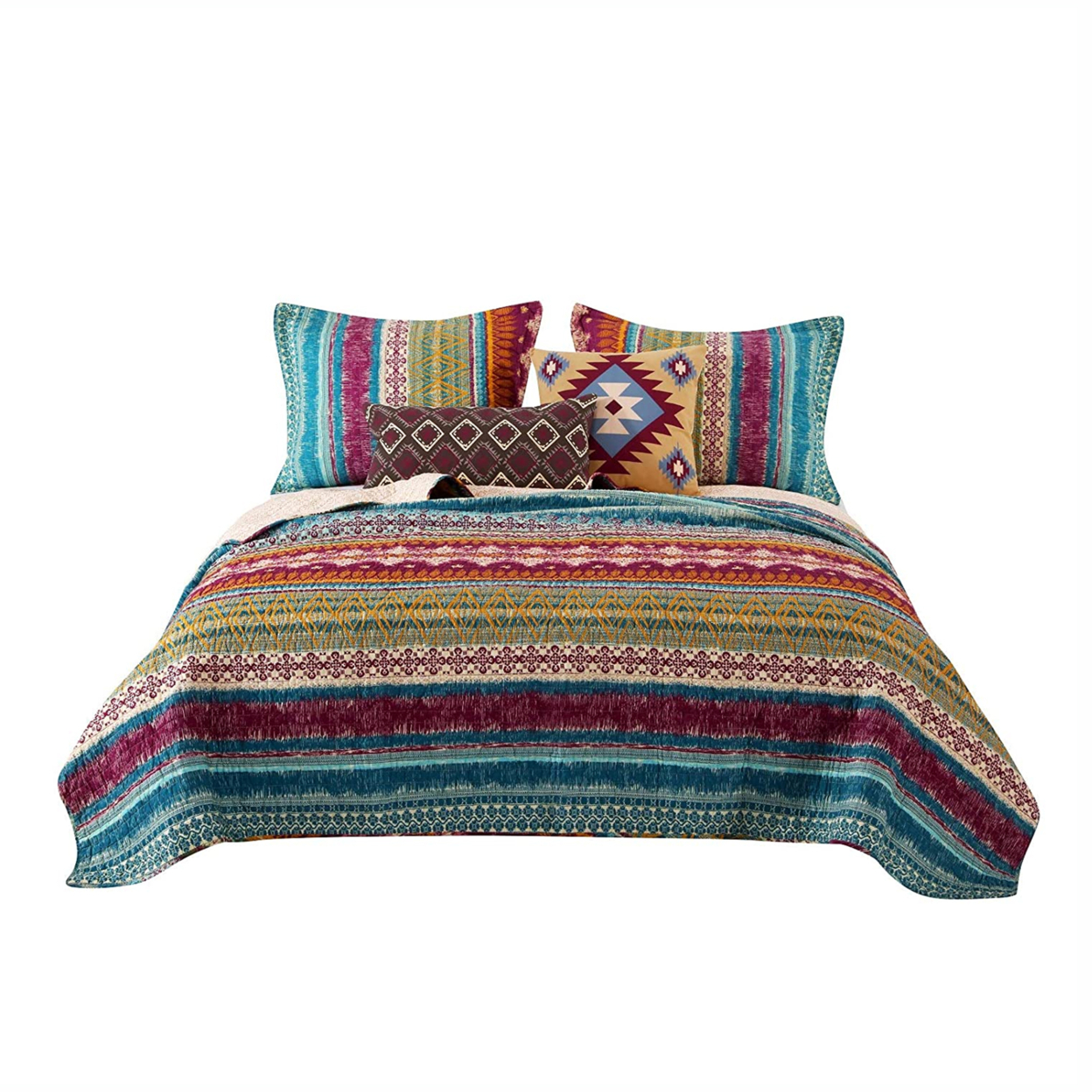 Tribal Print King Quilt Set With Decorative Pillows, Multicolor- Saltoro Sherpi