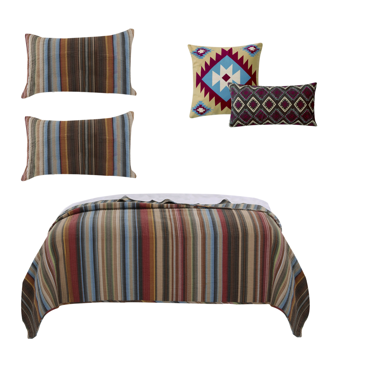 Stripe Pattern Cotton Quilt Set With 2 Pillows And 2 Quilt Shams,Multicolor- Saltoro Sherpi