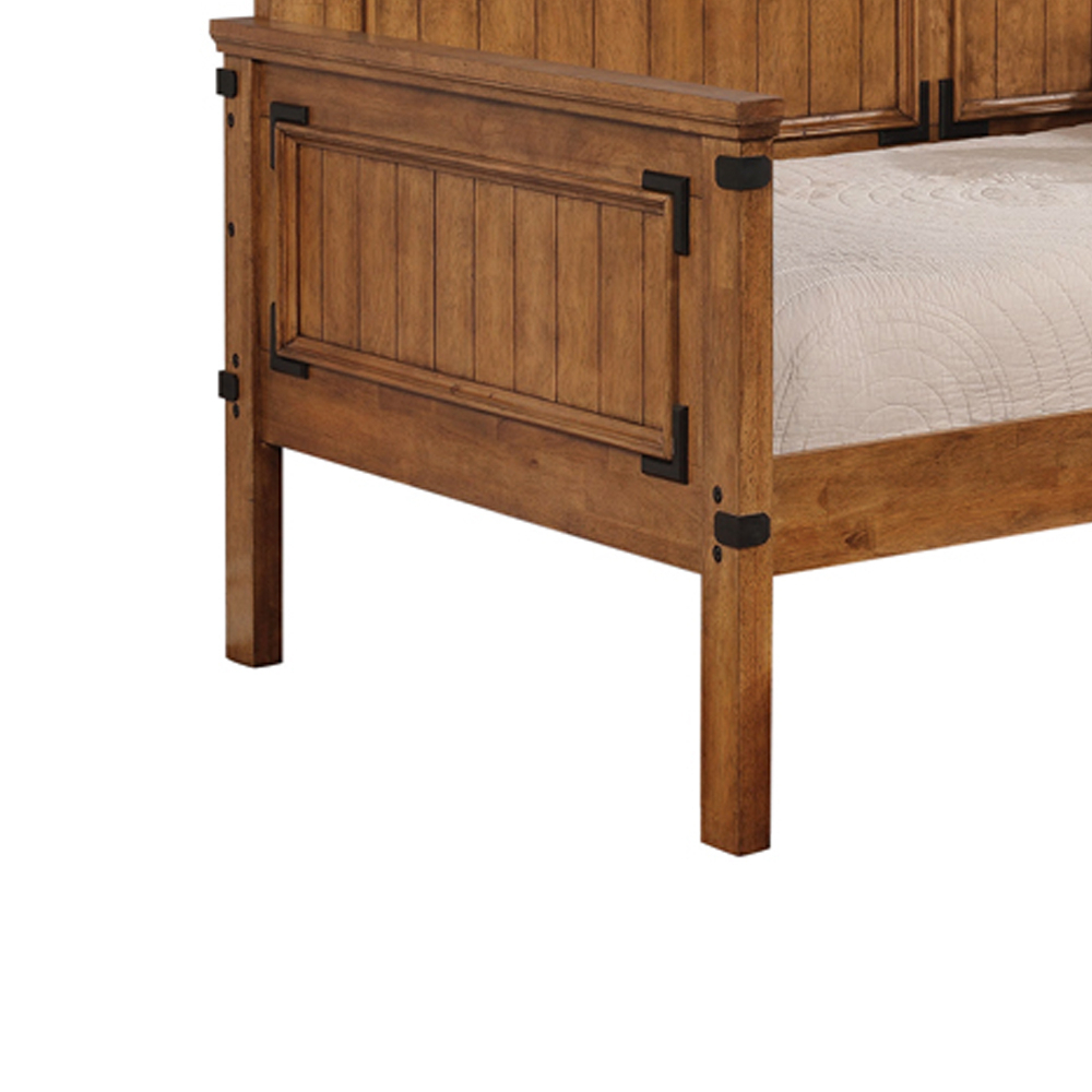 Plank Style Paneled Wooden Twin Size Daybed With Metal Accents, Brown- Saltoro Sherpi