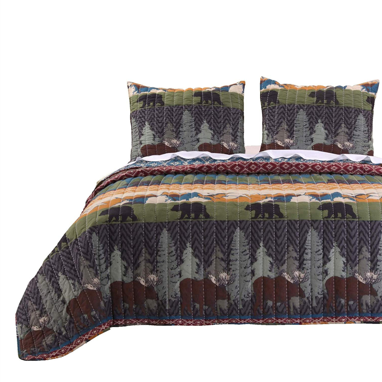 3 Piece King Size Quilt Set With Nature Inspired Print, Multicolor- Saltoro Sherpi