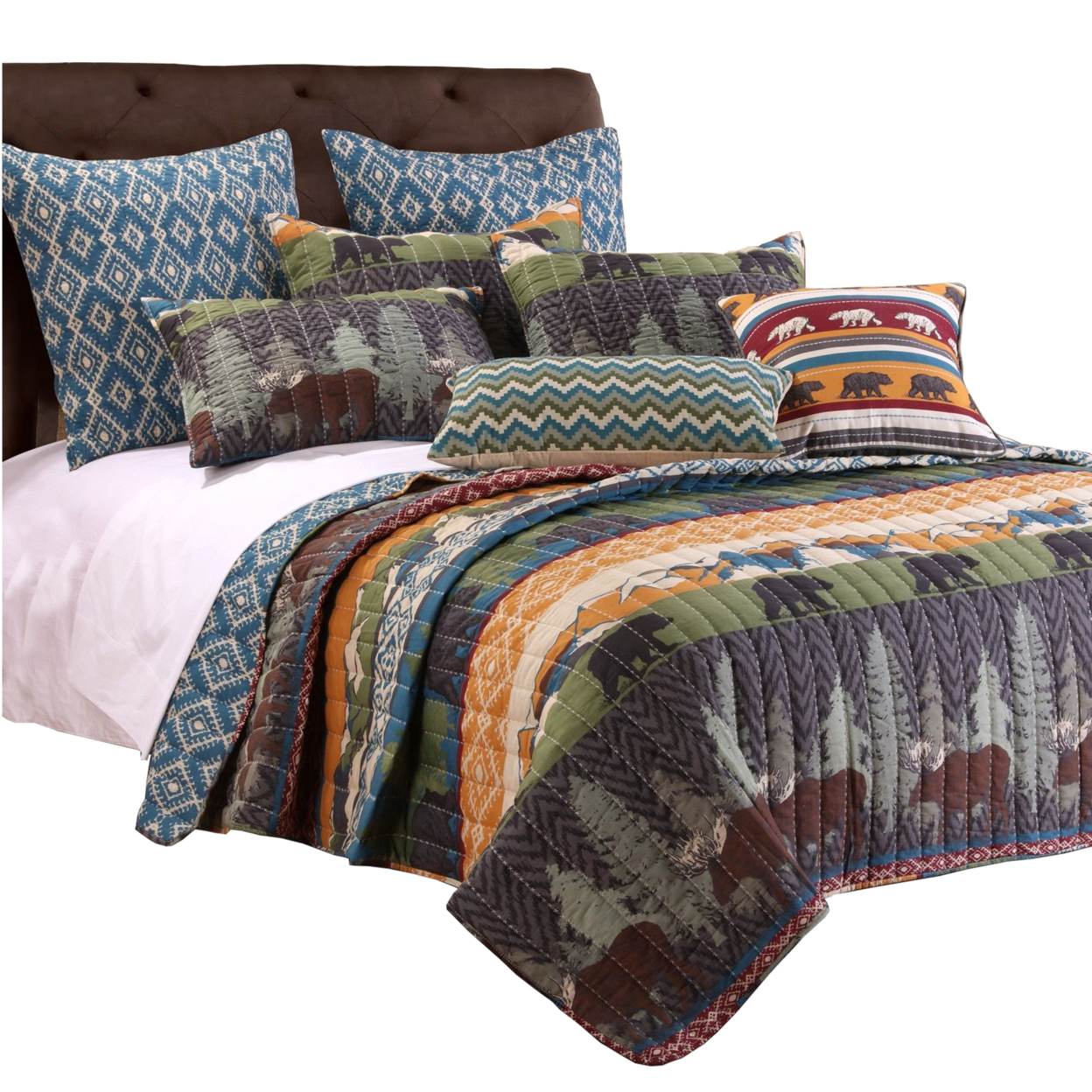 5 Piece King Size Quilt Set With Nature Inspired Print, Multicolor- Saltoro Sherpi