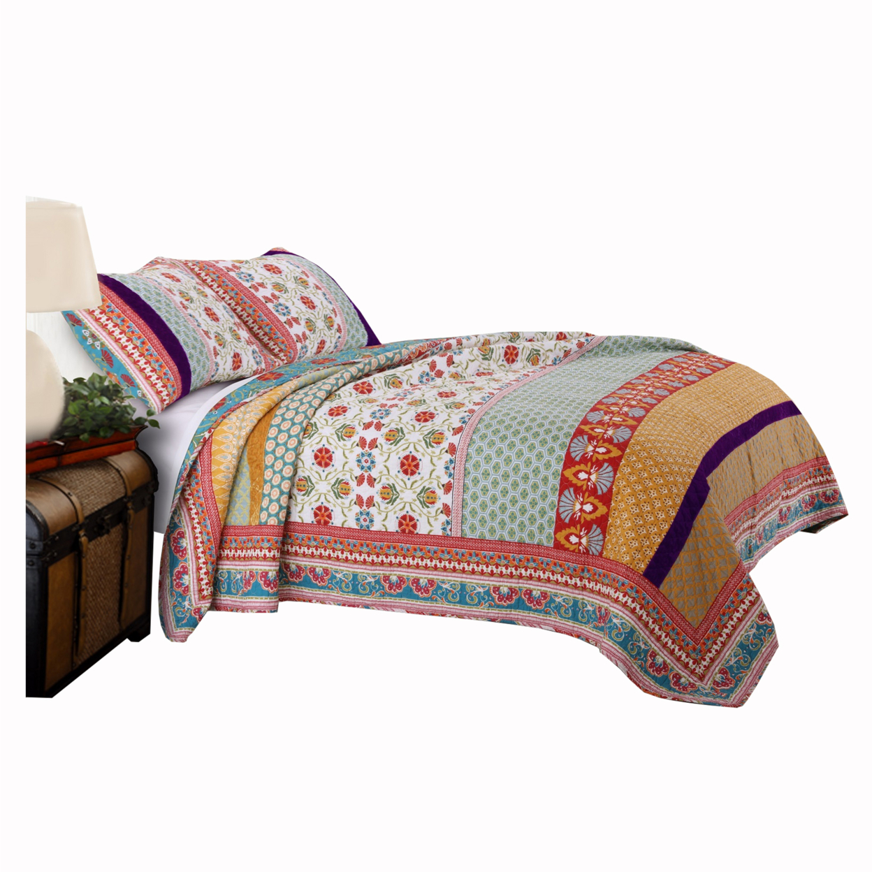 Geometric And Floral Print Twin Size Quilt Set With 1 Sham, Multicolor- Saltoro Sherpi