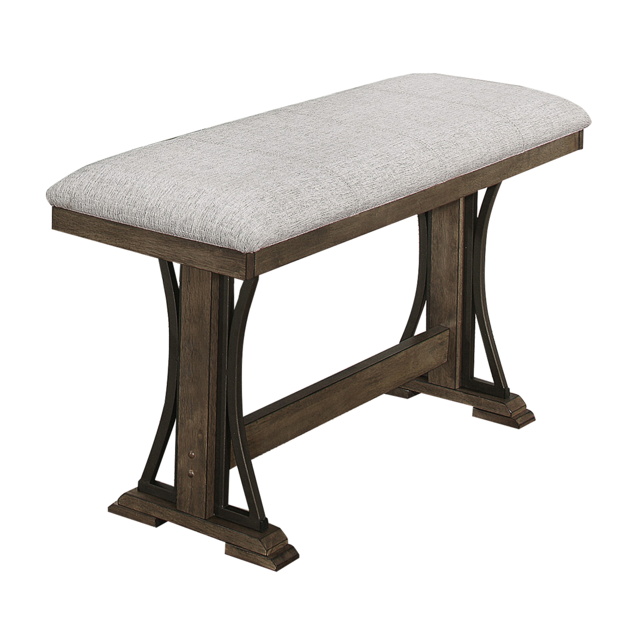 Counter Height Fabric Upholstered Bench With Trestle Base, Brown And Gray- Saltoro Sherpi