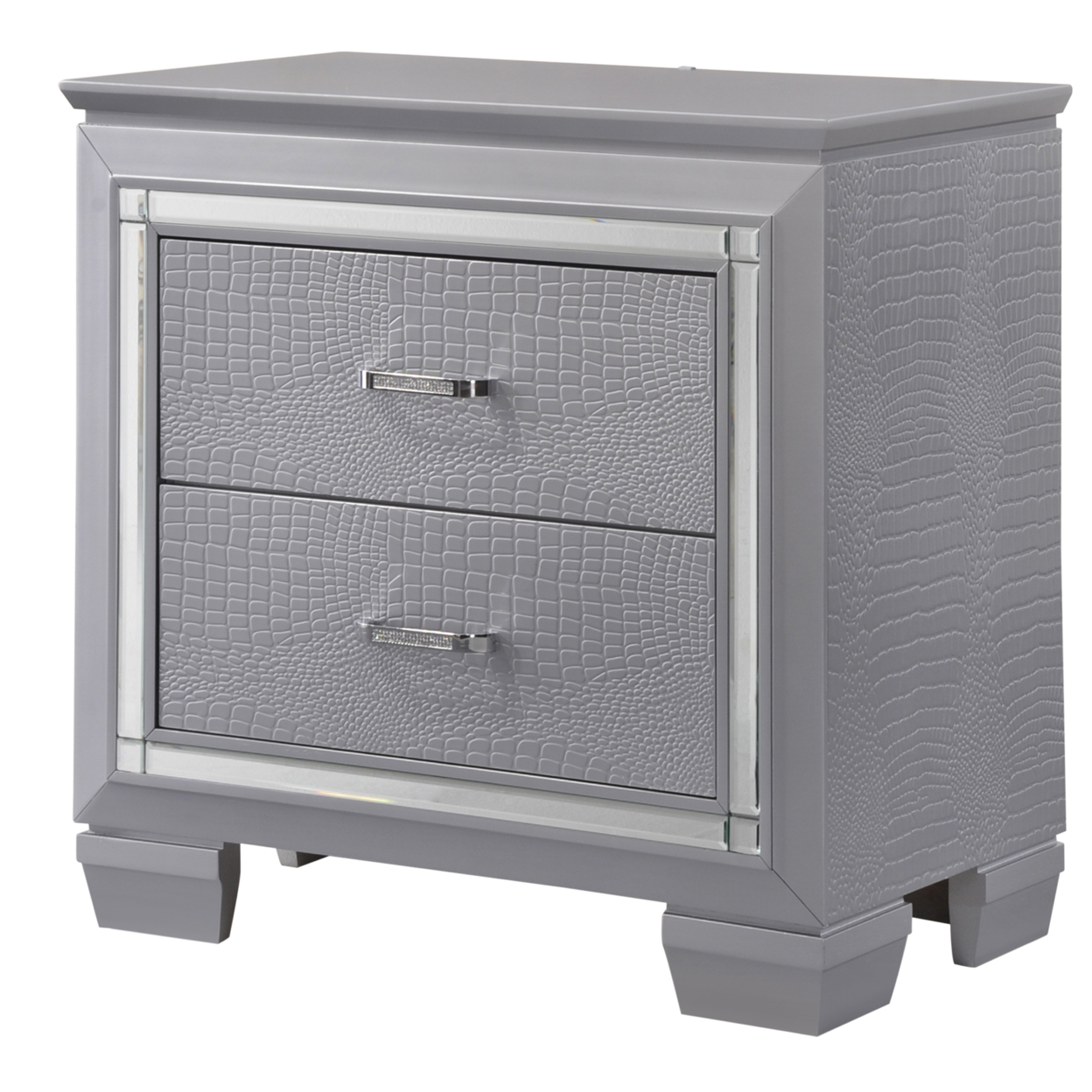 Two Drawer Wooden Nightstand With Textured Details And Mirror Accents, Gray- Saltoro Sherpi