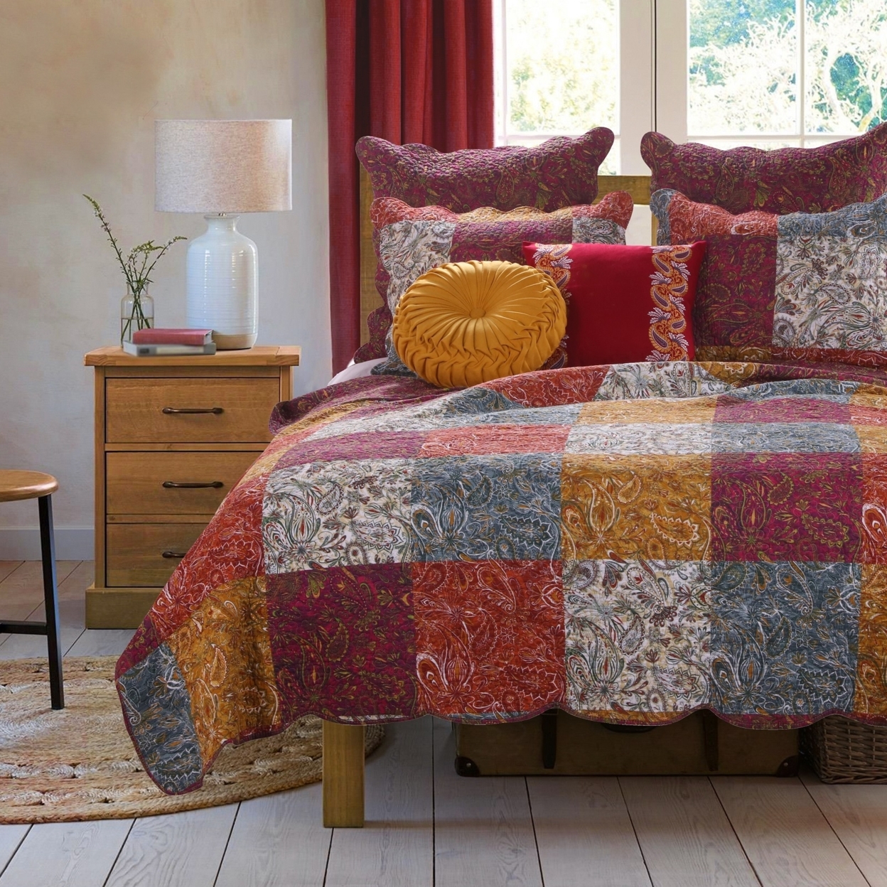 3 Piece Cotton King Size Quilt Set With Paisley Print, Multicolor- Saltoro Sherpi