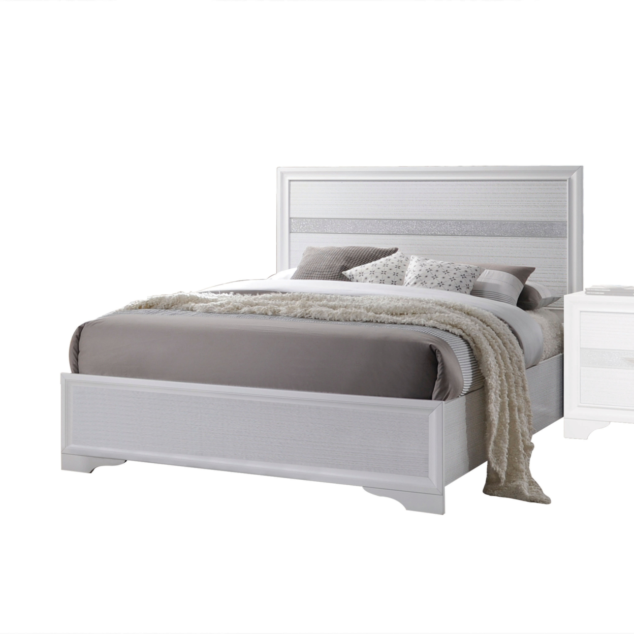 Panel Design Full Bed With Acrylic Trim Accents And Bracket Feet, White- Saltoro Sherpi