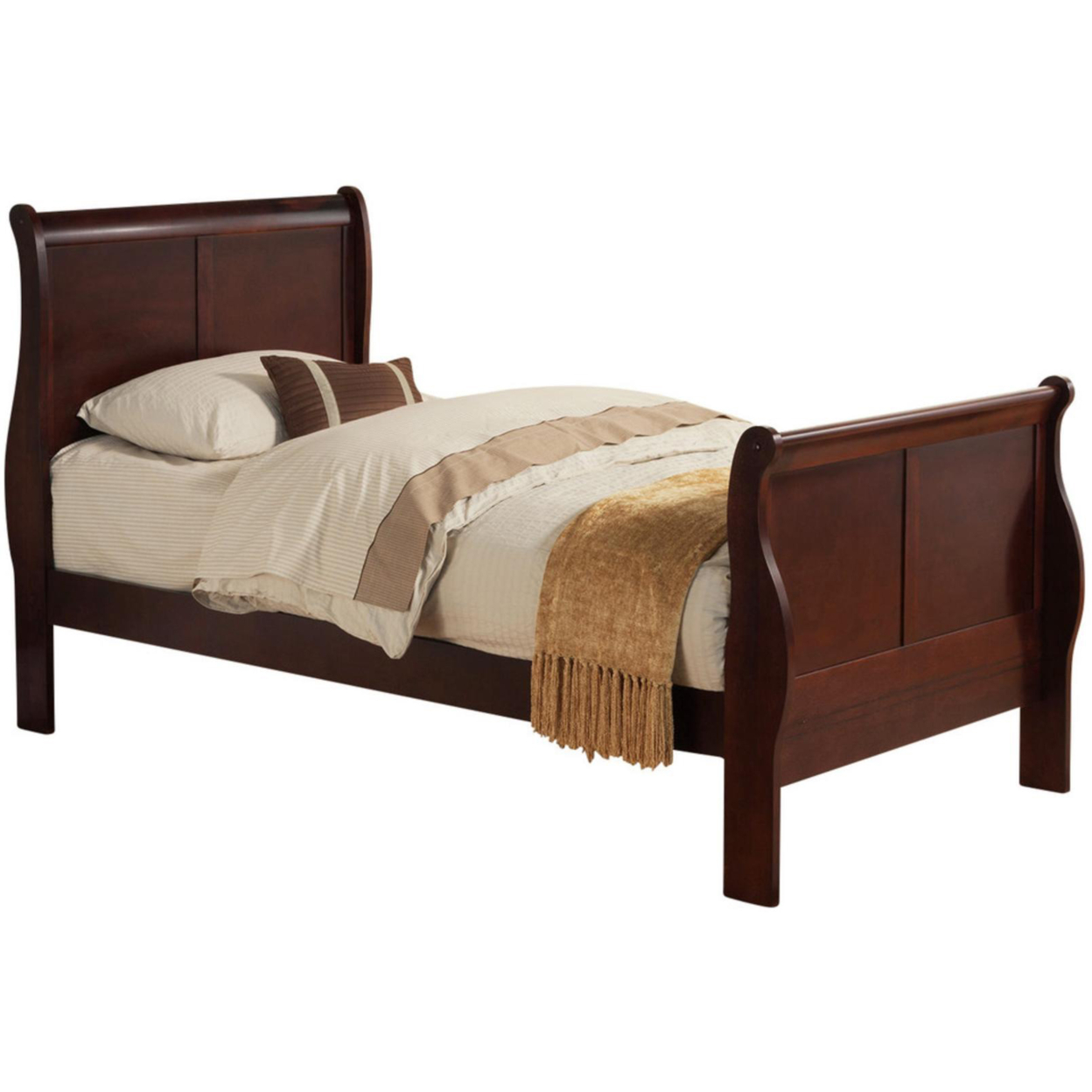 Transitional Panel Design Sleigh Twin Size Bed, Cherry Brown- Saltoro Sherpi