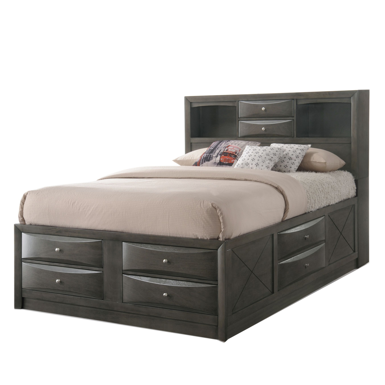 Panel Design Full Size Bed With Bookcase And Drawers, Taupe Brown - Saltoro Sherpi