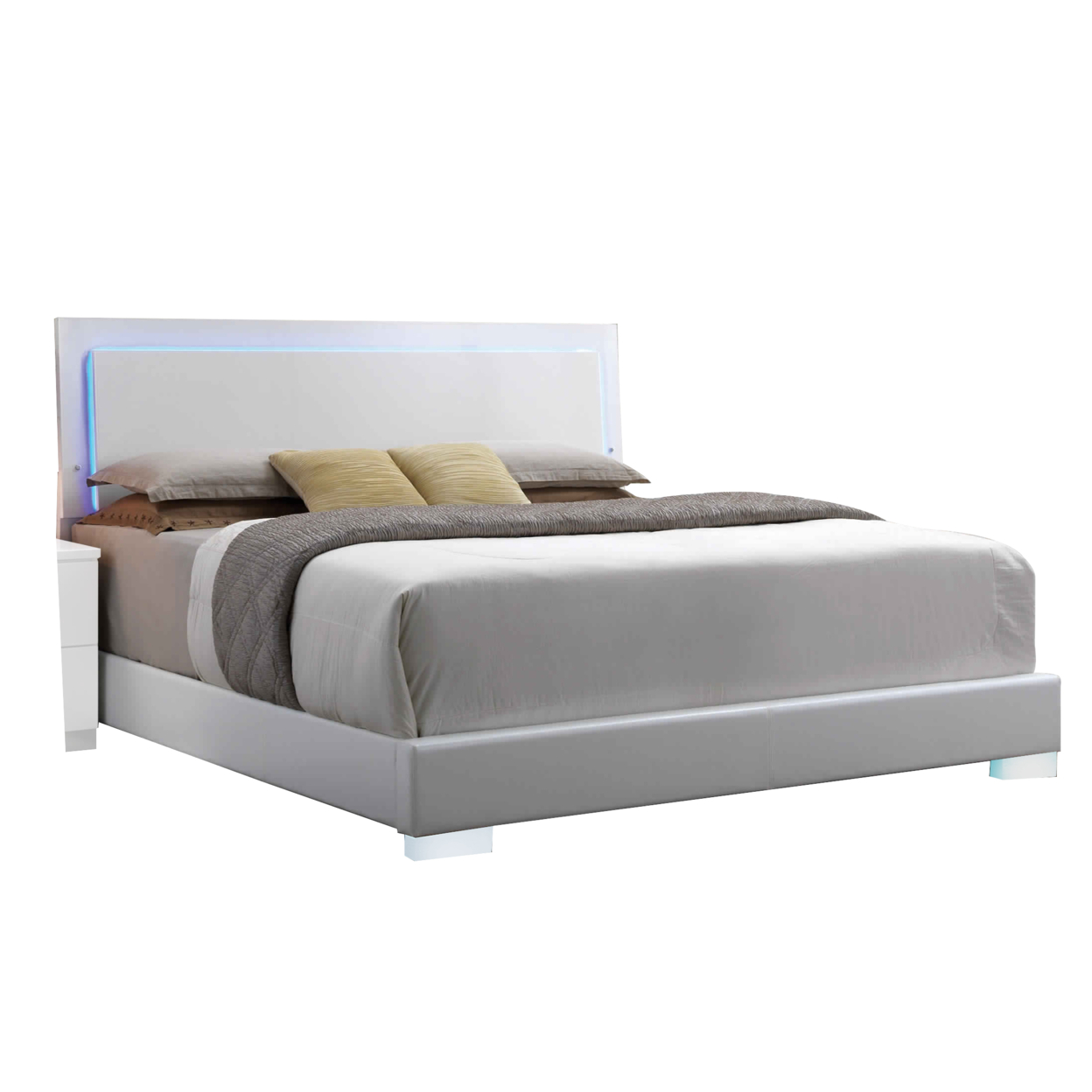Leatherette Eastern King Bed With LED Panel Headboard And Chrome Legs,White- Saltoro Sherpi