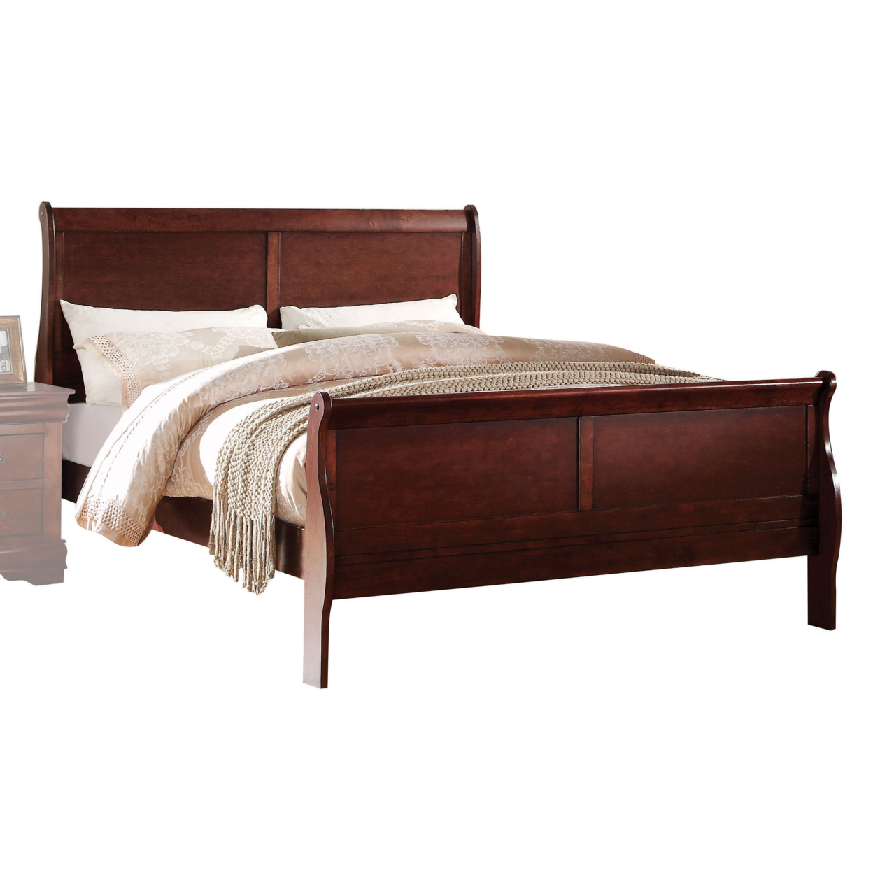 Transitional Panel Design Sleigh Eastern King Size Bed, Cherry Brown- Saltoro Sherpi