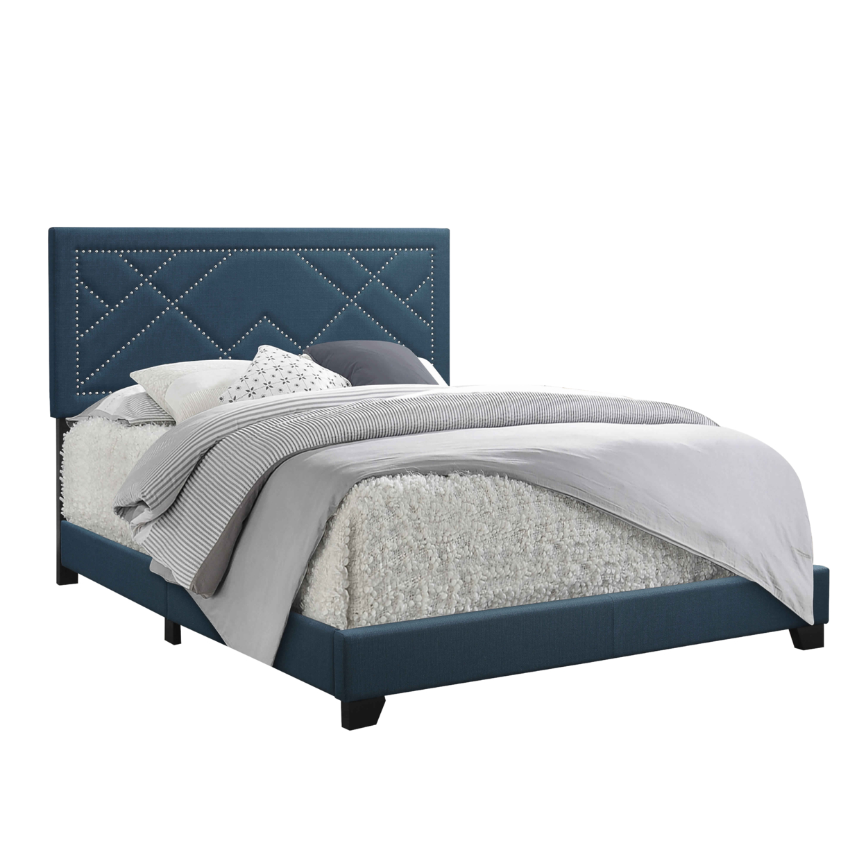 Fabric Eastern King Bed With Geometric Pattern Nailhead Trims, Teal Blue- Saltoro Sherpi