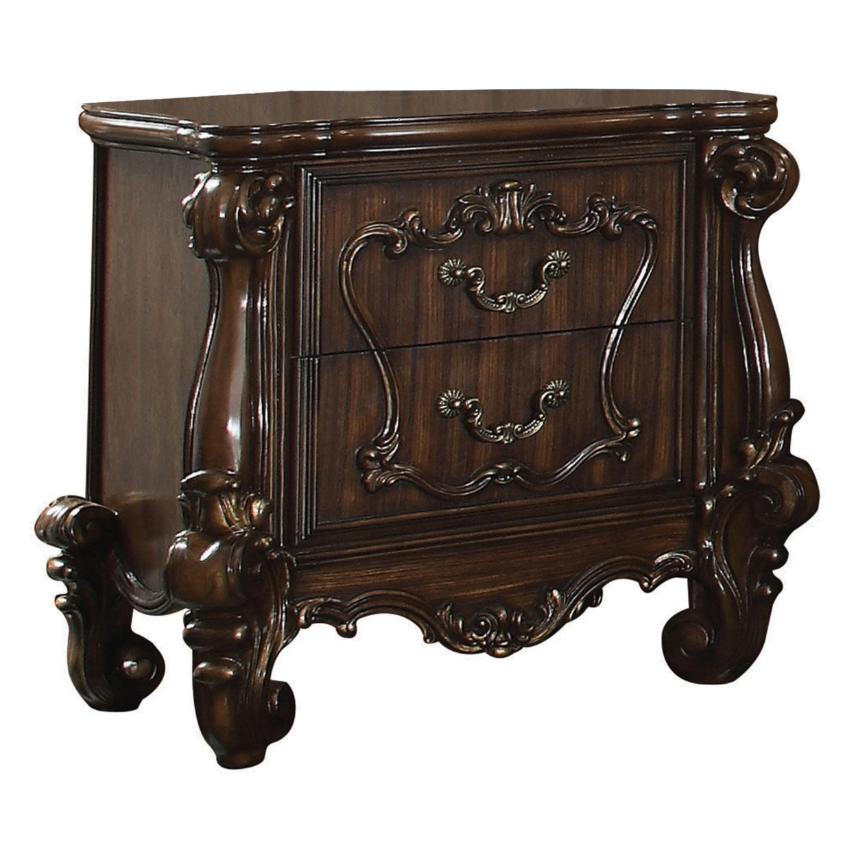 Traditional Wooden Nightstand With Antique Handles And Scrolled Legs, Brown- Saltoro Sherpi