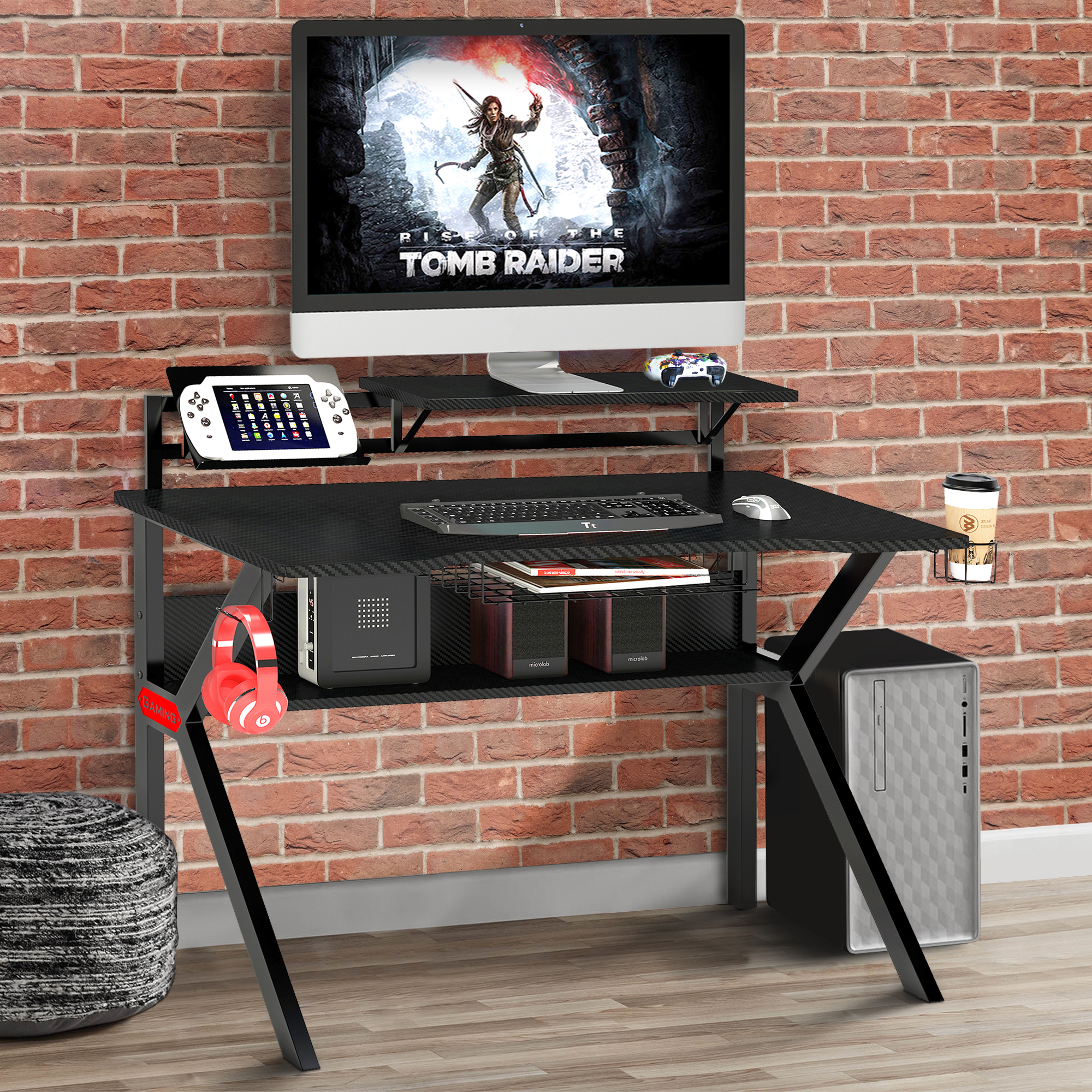 PVC Coated Ergonomic Metal Frame Gaming Desk With K Shape Legs, Black- Saltoro Sherpi