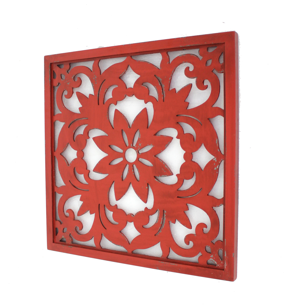 Square Wooden Floral Wall Plaque, Red- Saltoro Sherpi