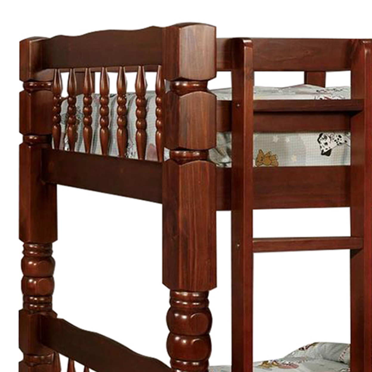 Wooden Twin Over Twin Bunk Bed With Bobbin Motif Spindles, Brown- Saltoro Sherpi