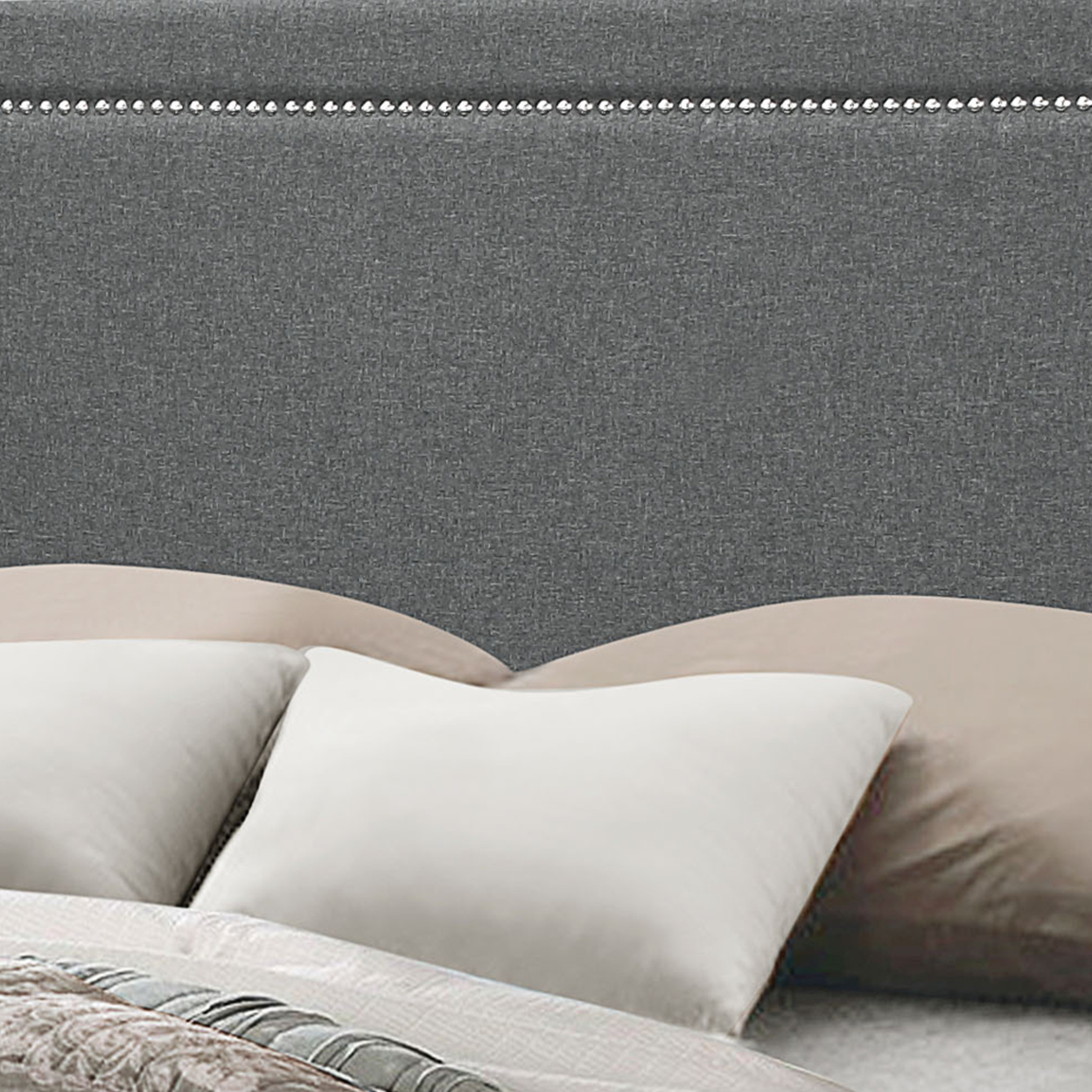 Fabric Eastern King Bed With Geometric Pattern Nailhead Trims, Gray- Saltoro Sherpi