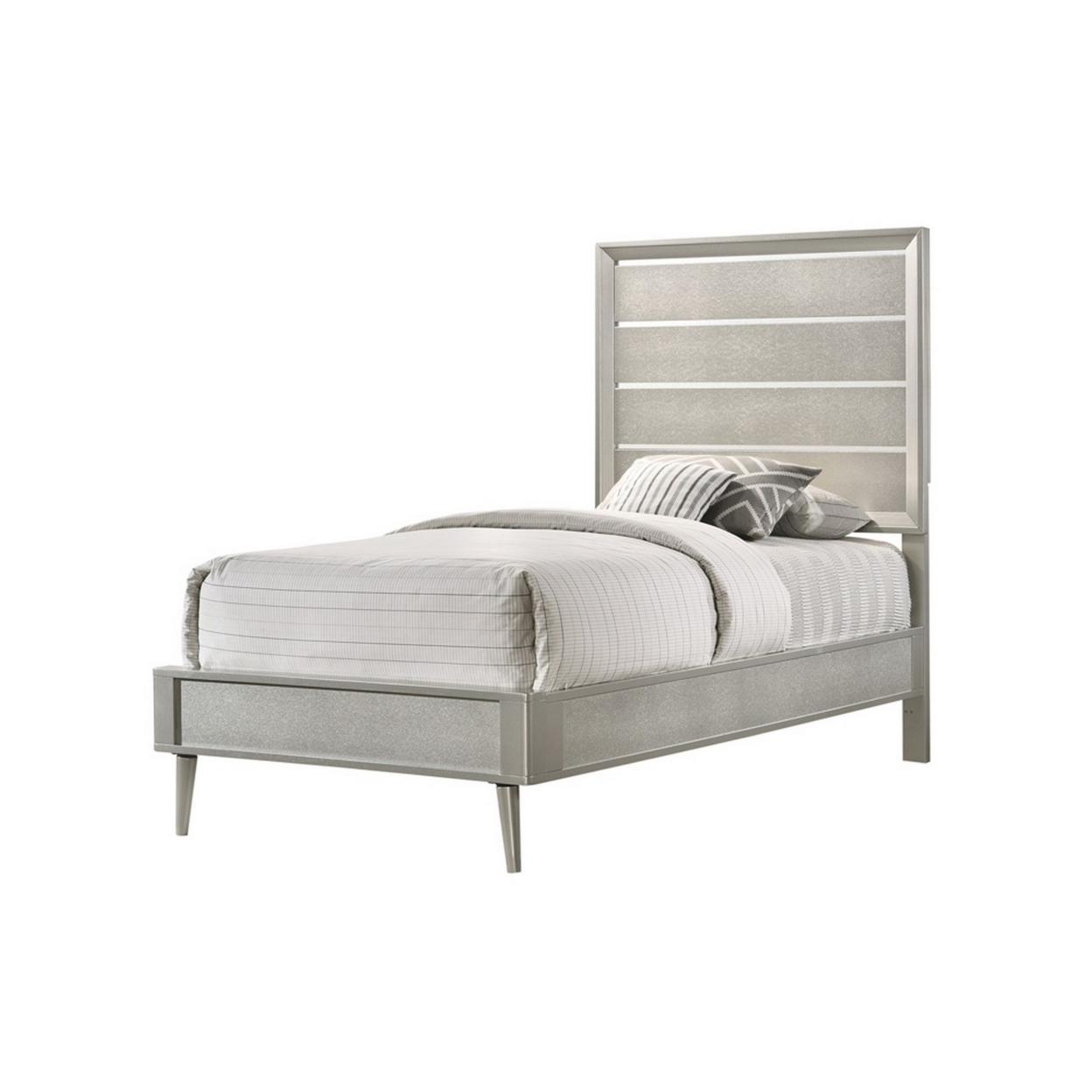 Panel Design Twin Bed With Plank Style Headboard And Mirror Inlay, Silver- Saltoro Sherpi