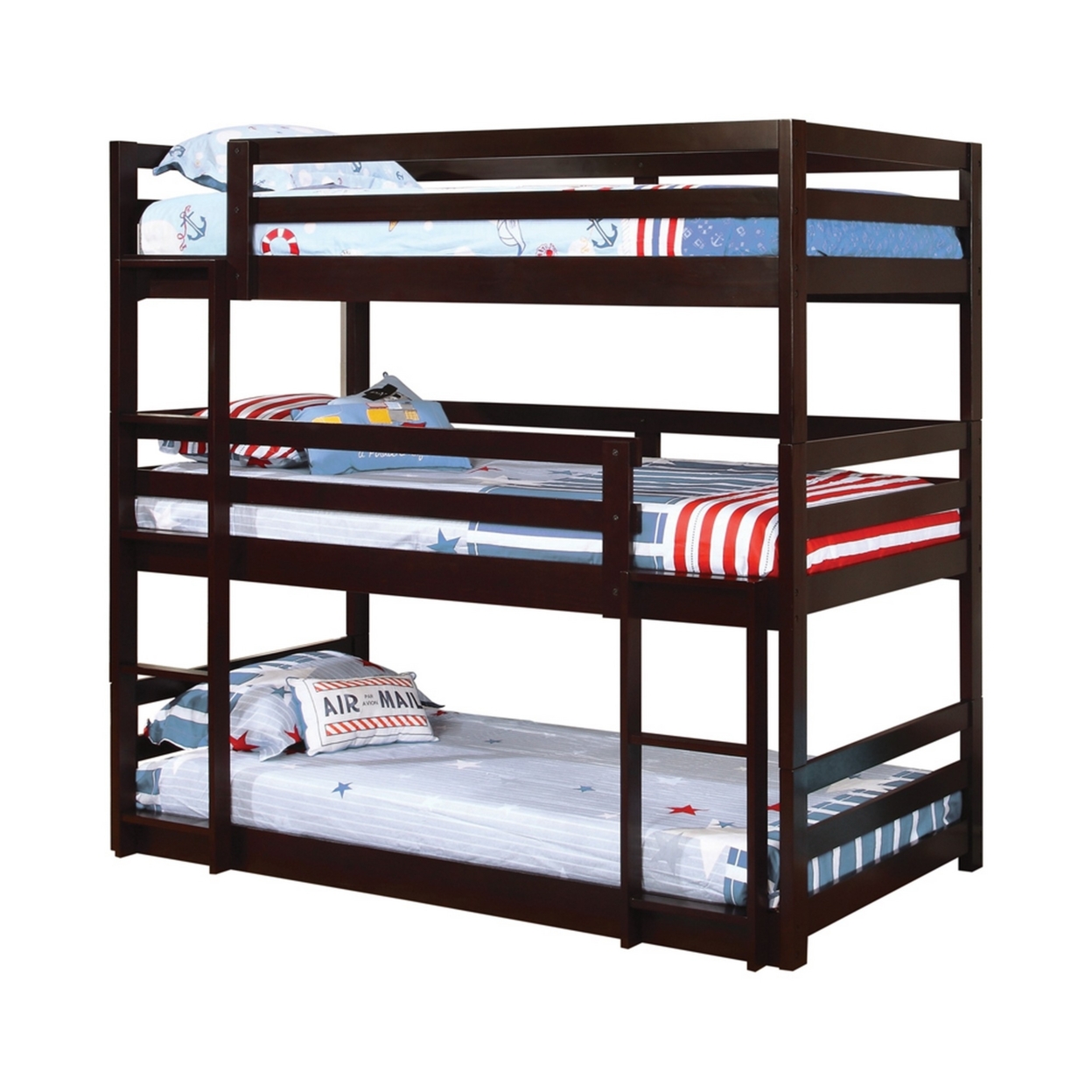 Transitional Style Wooden Triple Twin Bunk Bed With Guard Rails, Brown- Saltoro Sherpi