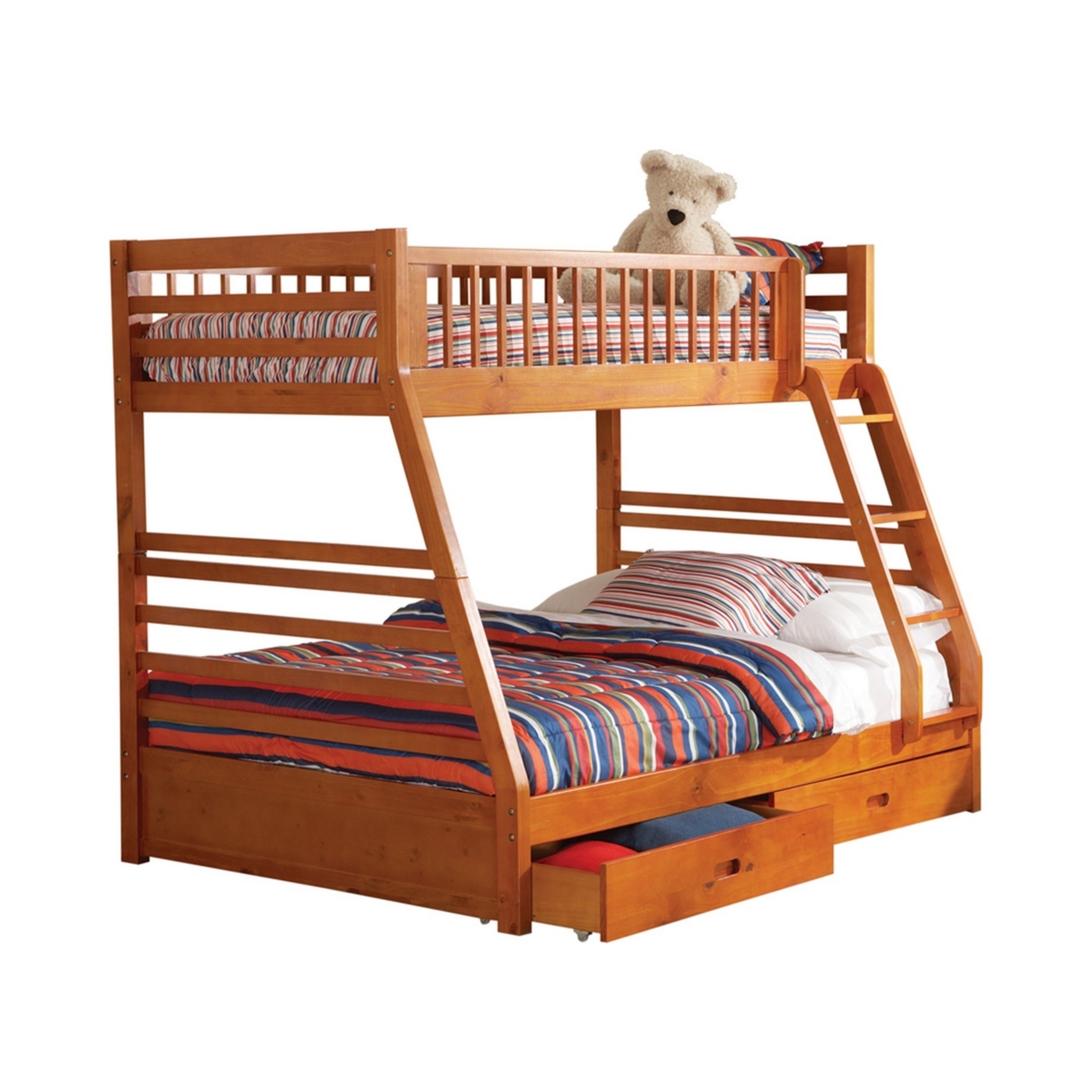 Wooden Twin Over Full Bunk Bed With Wheel Supported Bottom Drawers, Brown- Saltoro Sherpi