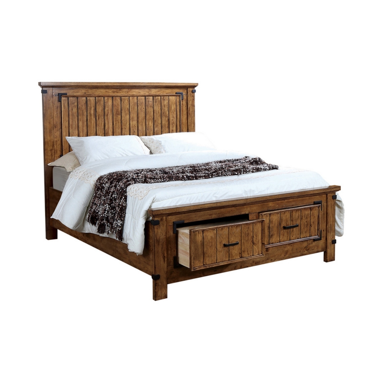 2 Drawers Queen Bed With Plank Detailing And Metal Accents, Brown- Saltoro Sherpi