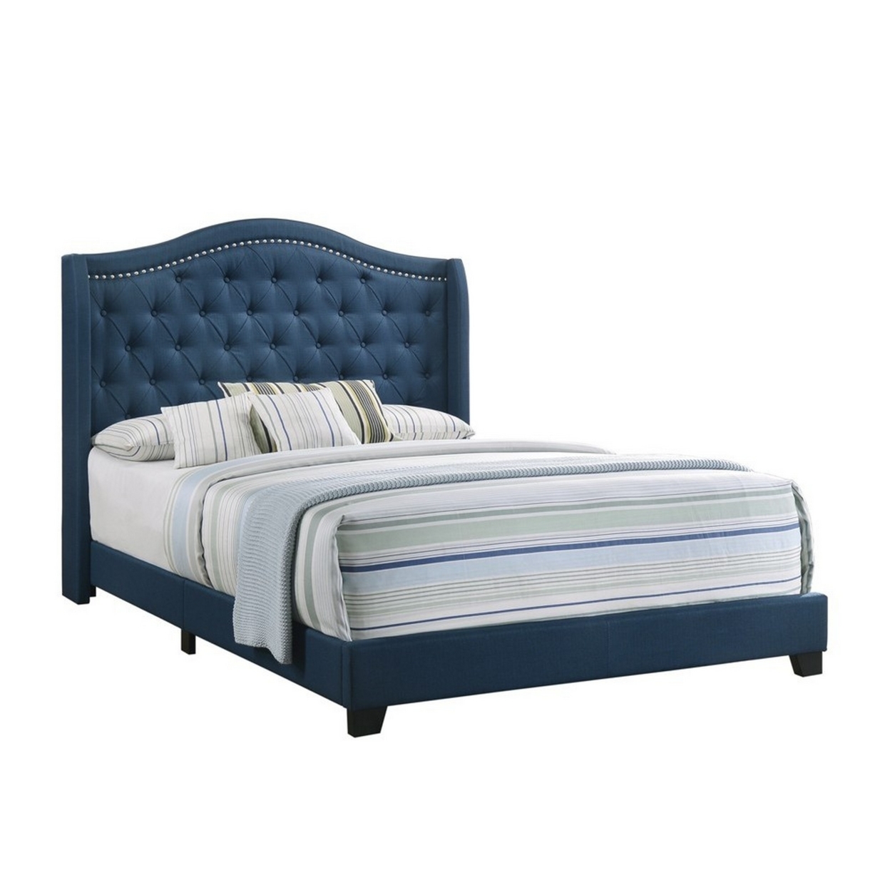 Fabric Upholstered Wooden Demi Wing Queen Bed With Camelback Headboard,Blue- Saltoro Sherpi