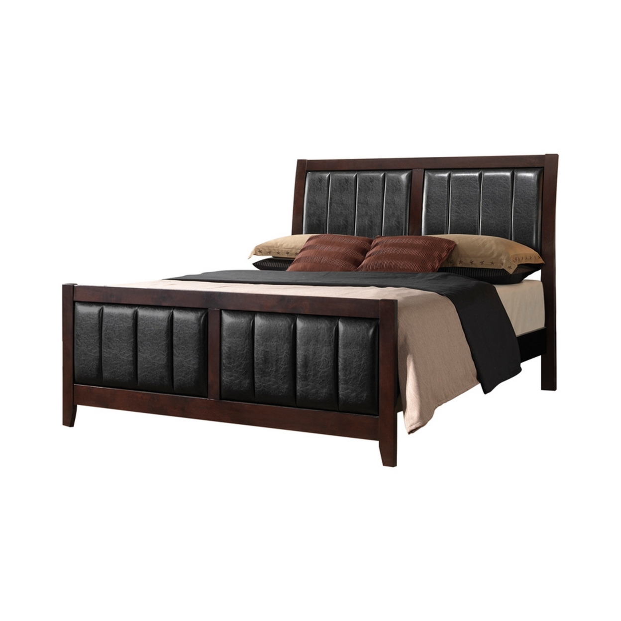 Leatherette Padded Queen Size Bed With Vertical Channels, Brown- Saltoro Sherpi