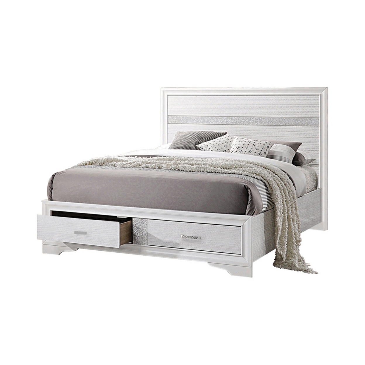 Contemporary Queen Bed With Drawers And Glittering Stripes, White- Saltoro Sherpi