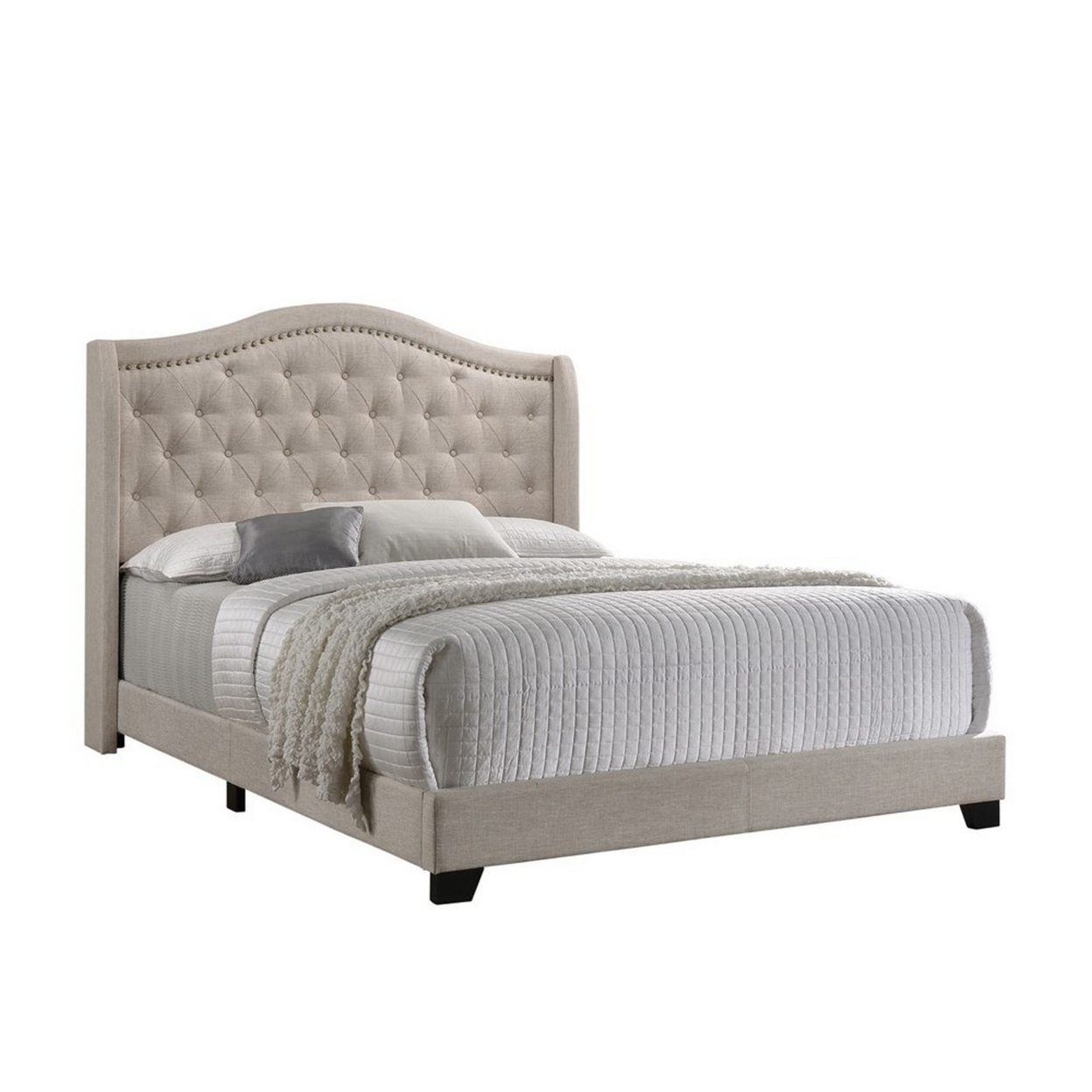 Fabric Upholstered Wooden Demi Wing Full Bed With Camelback Headboard,Beige- Saltoro Sherpi